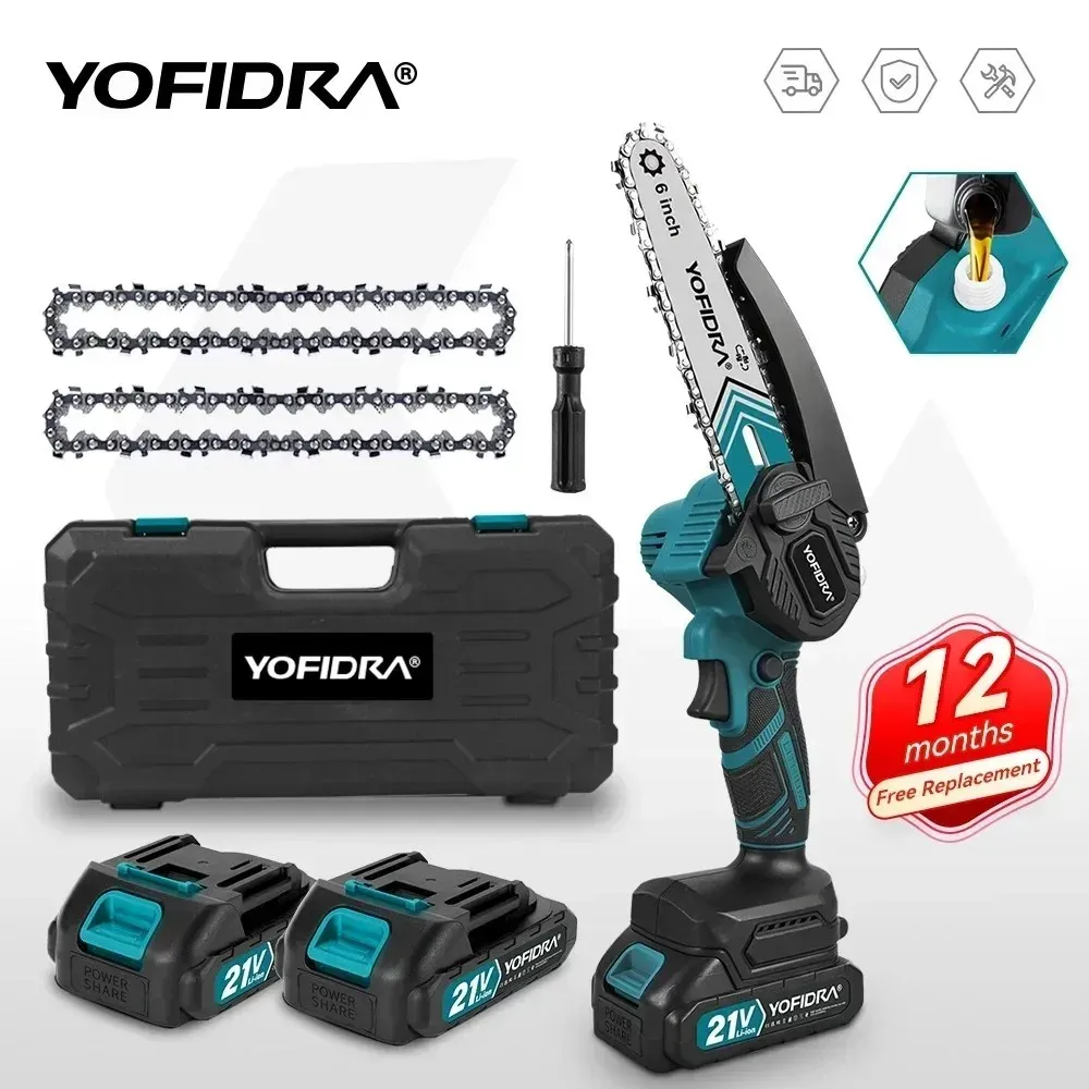 YOFIDRA 6 Inch Electric Chainsaw Cordless Oiler Garden Wood Cutting Logging Pruning Saw Power Tool For Makita 21V Battery Pin