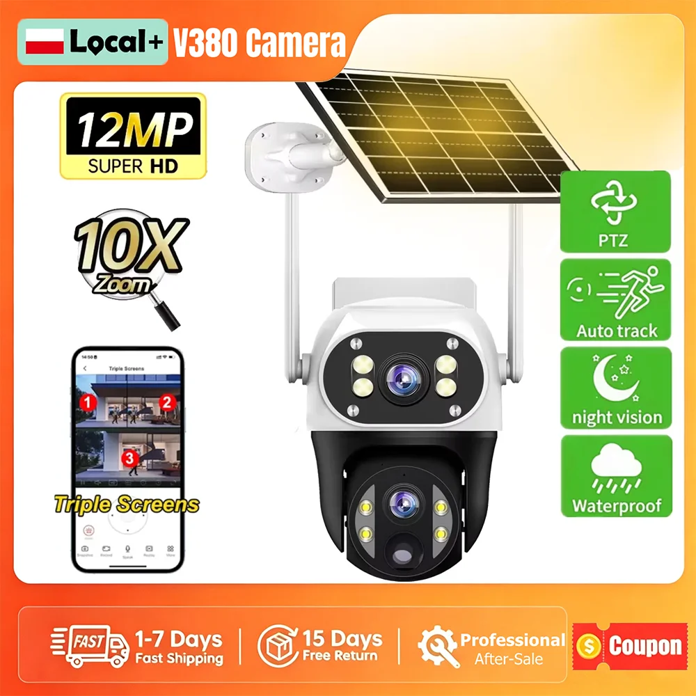 V380 Solar Camera 4G Sim Card 12MP Dual Lens 3 Screen Monitor Night Vision Security Protection 360 PTZ Video Surveillance