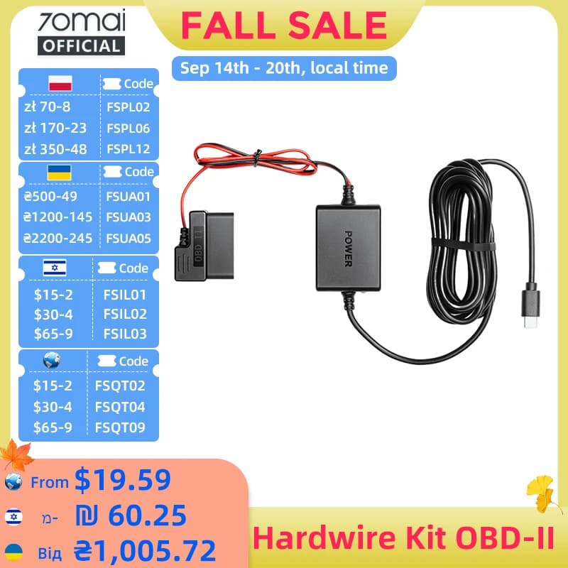 70mai Adjustable Hardwire Kit OBD II Type-C Interface Plug & Play 70mai OBD Kit 24H Parking Surveillance for 70mai Dash Cams