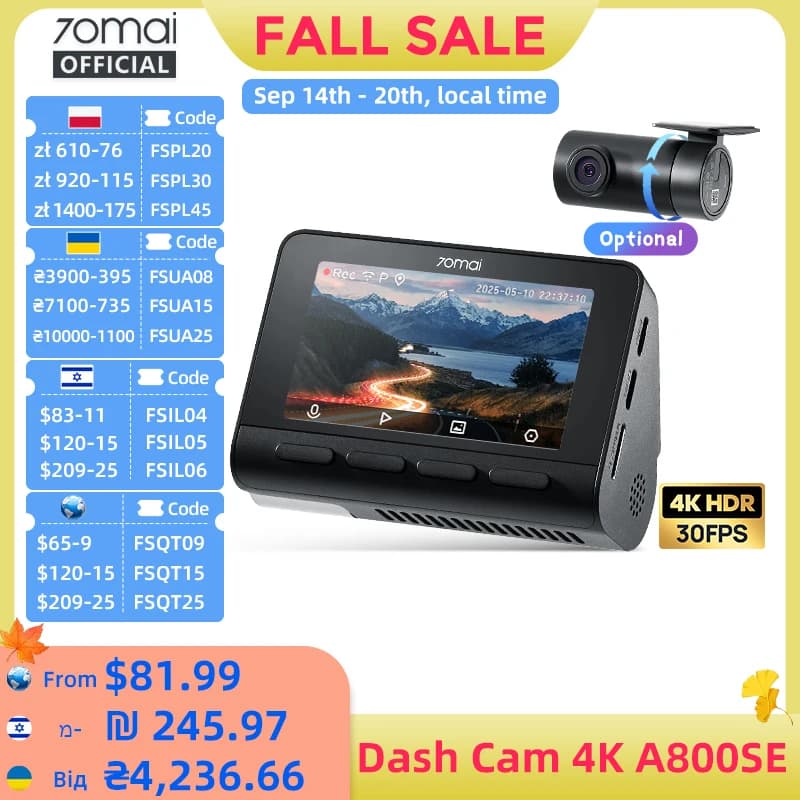70mai 4K Dash Cam A800SE Upgraded Version of 70mai A800S Voice Control Supercapatior GPS ADAS Car DVR 70mai A800SE UHD Wifi 6