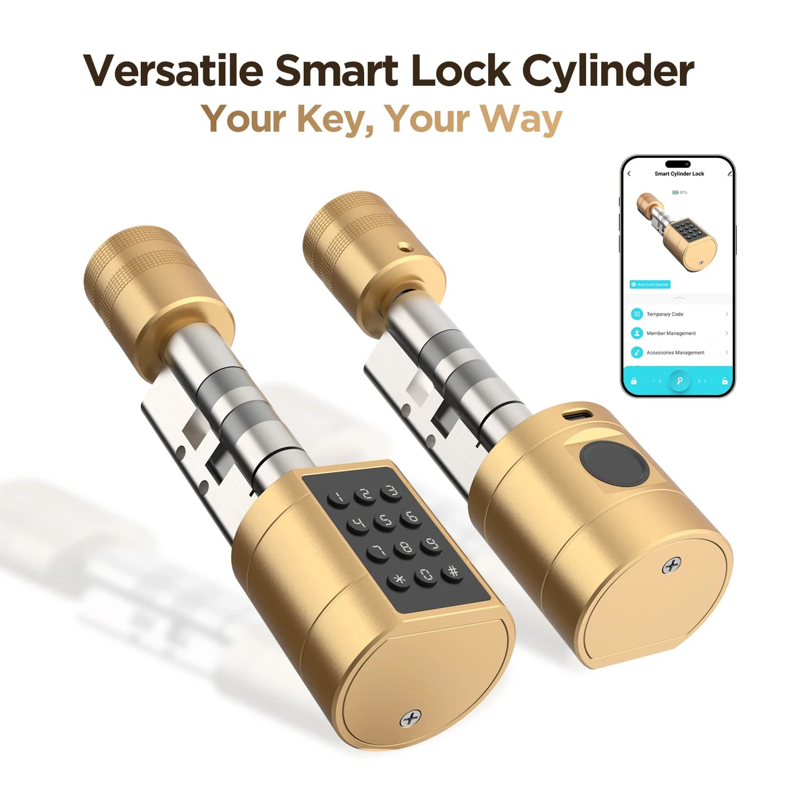 Viladepot Smart Lock Cylinder Fingerprint, Passcode, Card, App Control, Type-C Emergency Power, Indoor Door Lock