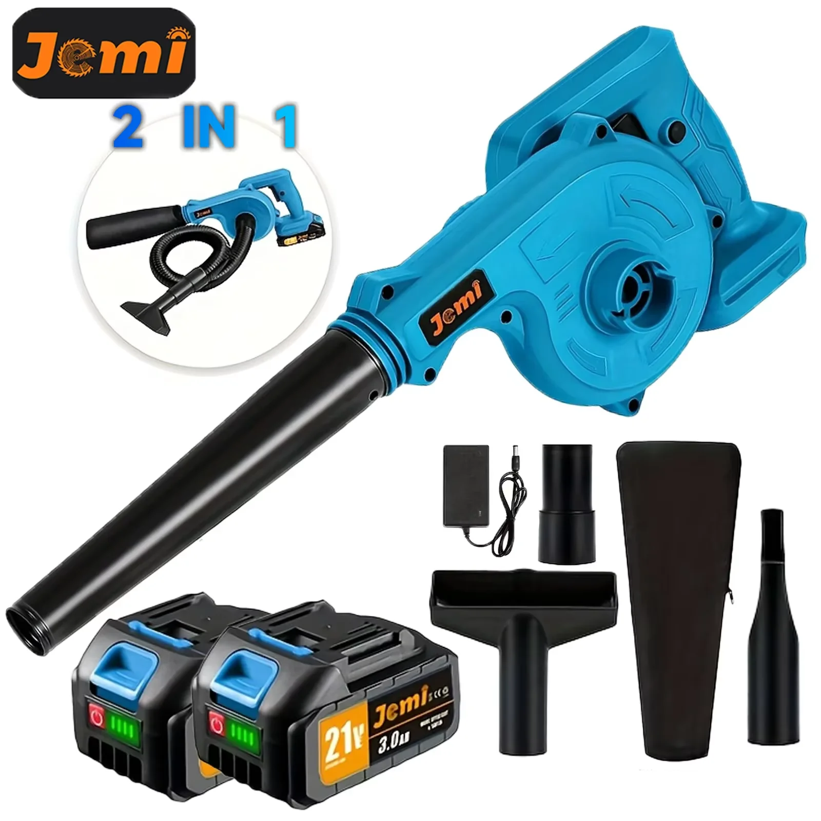 Jemi cordless leaf blower is equipped with various attachments, suitable for dust removal and leaf cleaning.