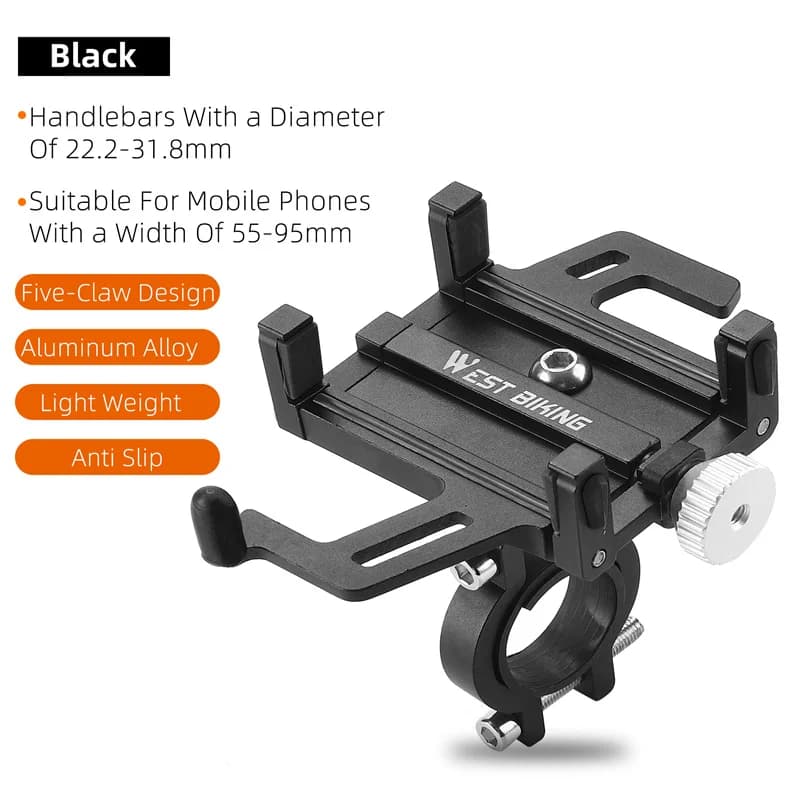 WEST BIKING Local Shipping Bicycle Mobile Phone Holder 360° Rotatable Aluminum Alloy Phone Holder Five Claws Adjustable MTB Road Bike Bracket