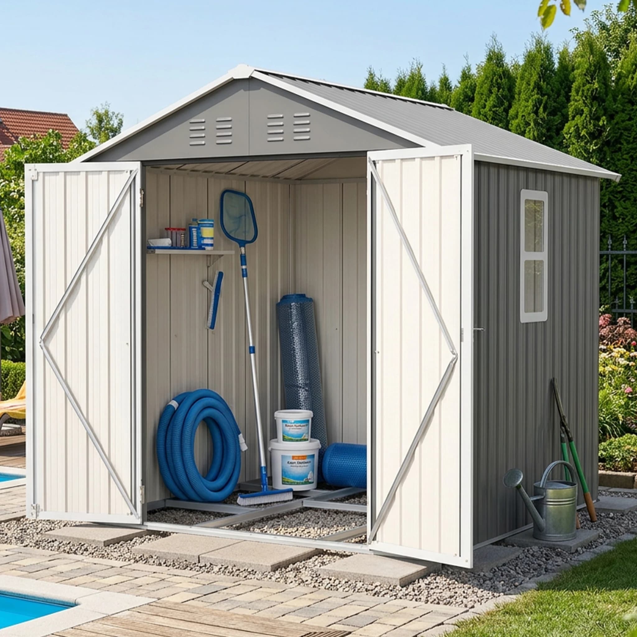 185×182×191cm Waterproof&Rustproof Outdoor Metal Garden Storage Shed, Durable Garden House With Reinforced Frame, Wind&Water Resistant, Secure Lockable Doors, Anti-Corrosion Galvanized Steel