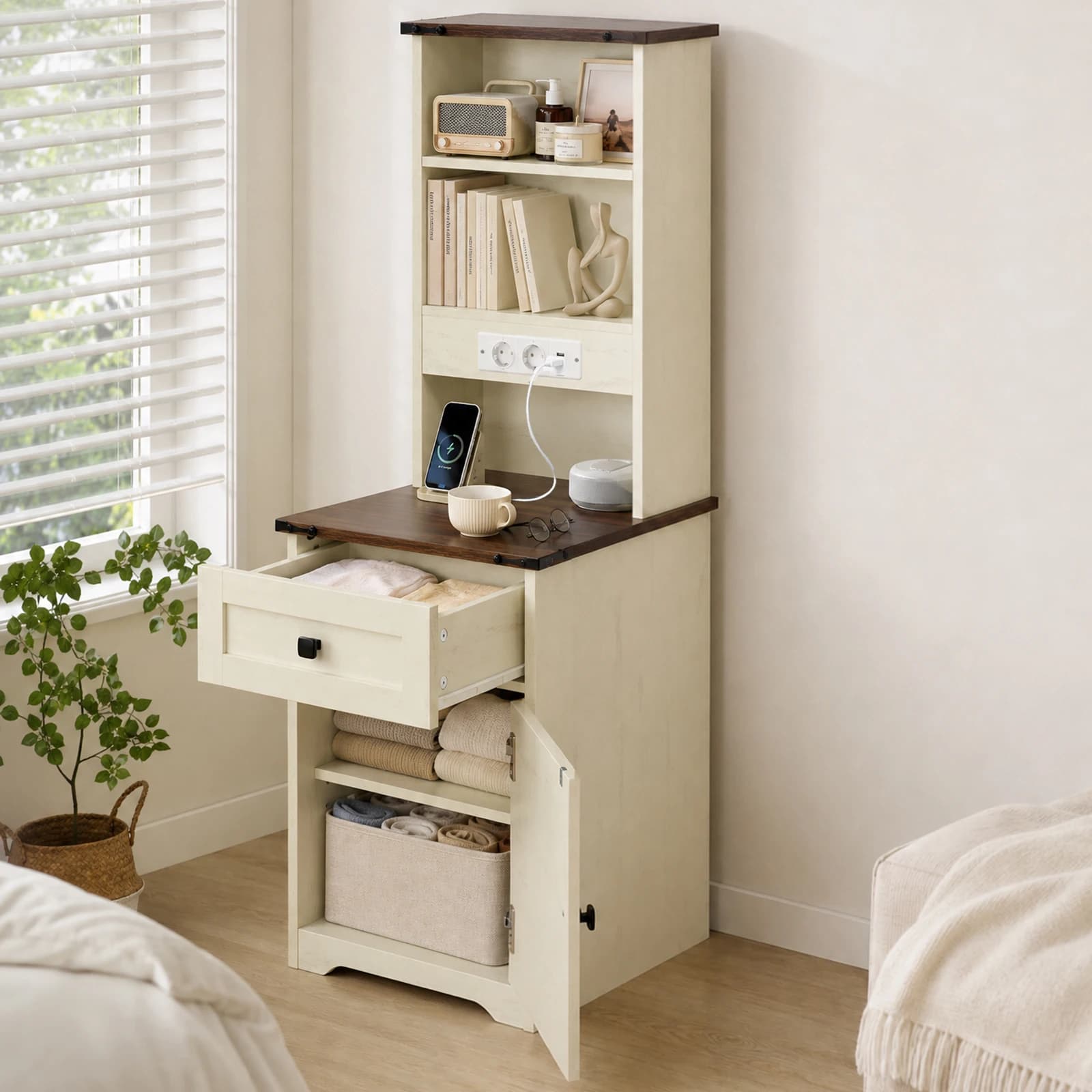 Farmhouse Nightstand Tall Bedside Table with Charging Station LED Night Light Open Shelves Drawer and Barn Door Cabinet Wooden End Table for Bedroom