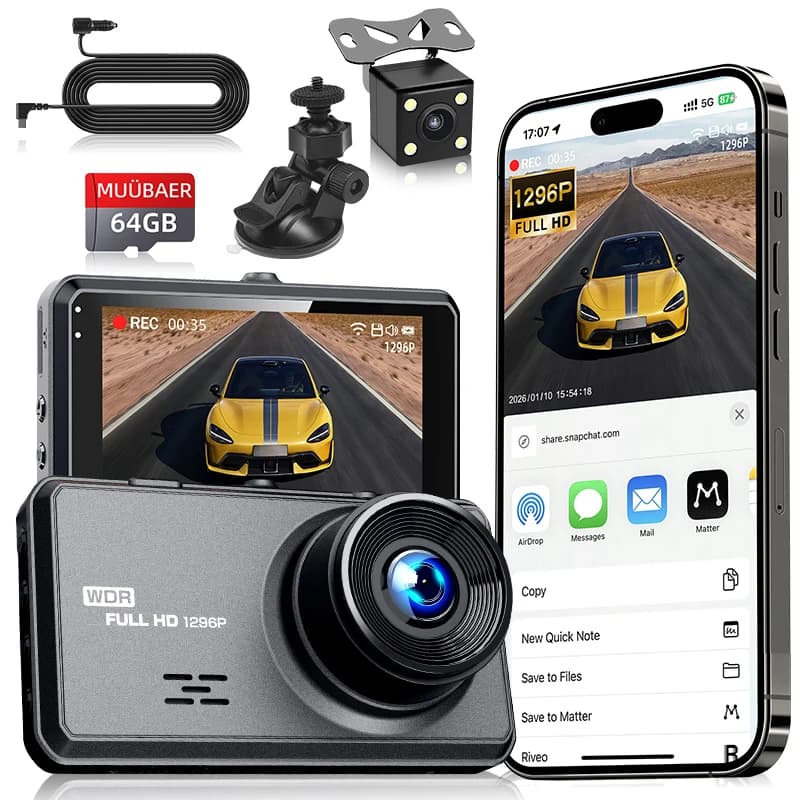 WiFi Dash Cam 2 Channel 1296P FHD Front/Rear - 170° Wide Angle, Night Vision, App Control, 64GB Card Included | Fits Cars/Trucks