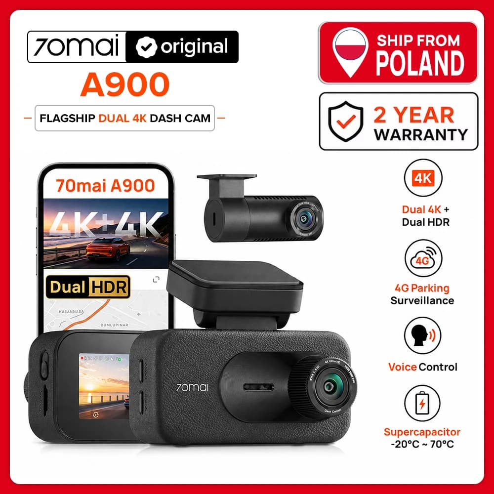 70mai A900 Dash Cam Dual 4K Front Rear Car Camera Dual HDR F1.55 Night Vision GPS WiFi 6 Supercapacitor Voice Control Up to 210s Emergency Recording & Lock 24H Parking Surveillance Driving Recorder 4G
