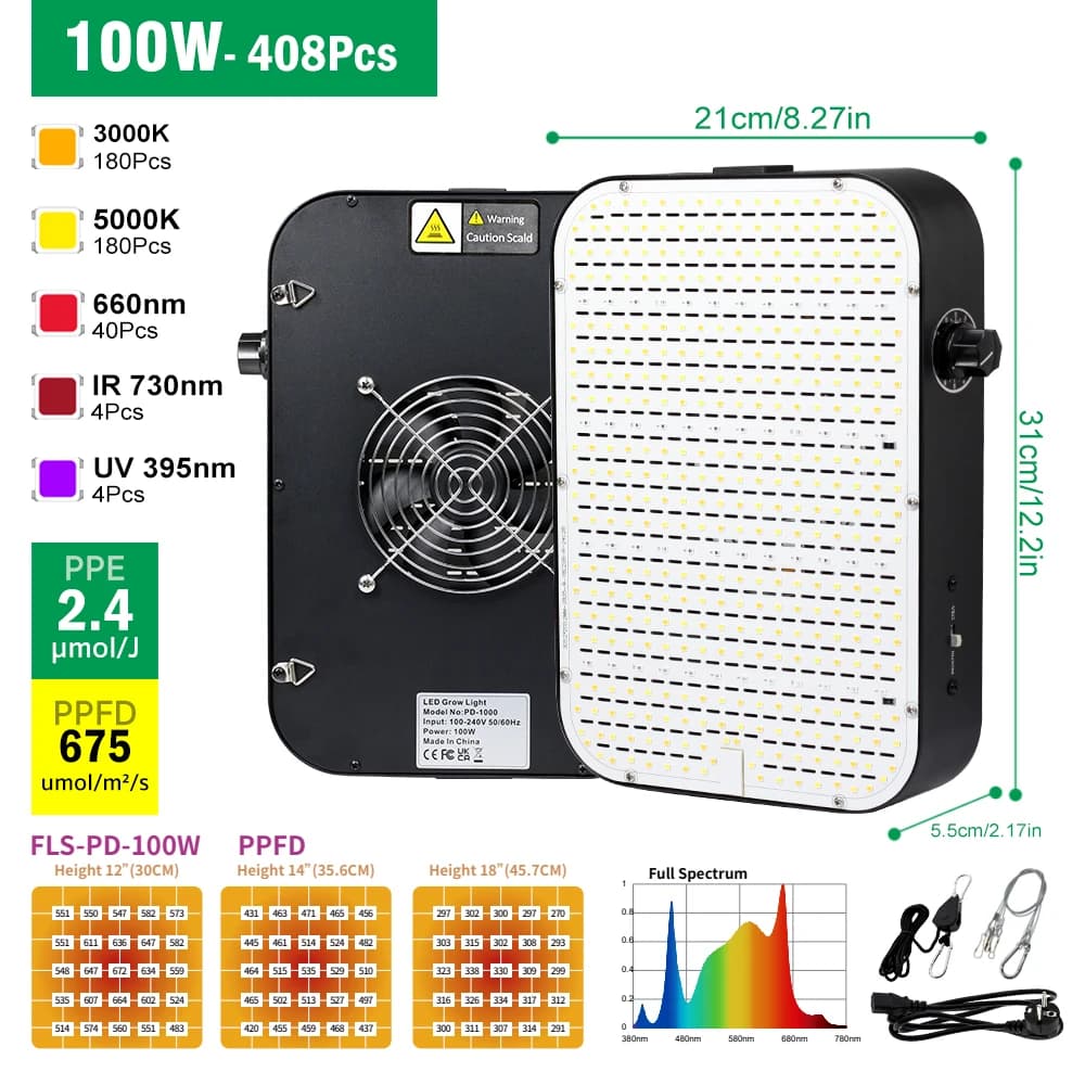 Full spectrum LED culture Lamp 100W 200W 300W SMD2835 730nm 395nm 3000K, high intensity PPFD, dimmable, for growing vegetables and flowers