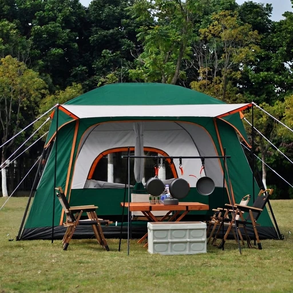 Large Family Camping Tent with 2‑Room 1‑Hall Design, Double‑Layer Waterproof Breathable Oxford Cloth Outdoor Tent for Beach Hiking