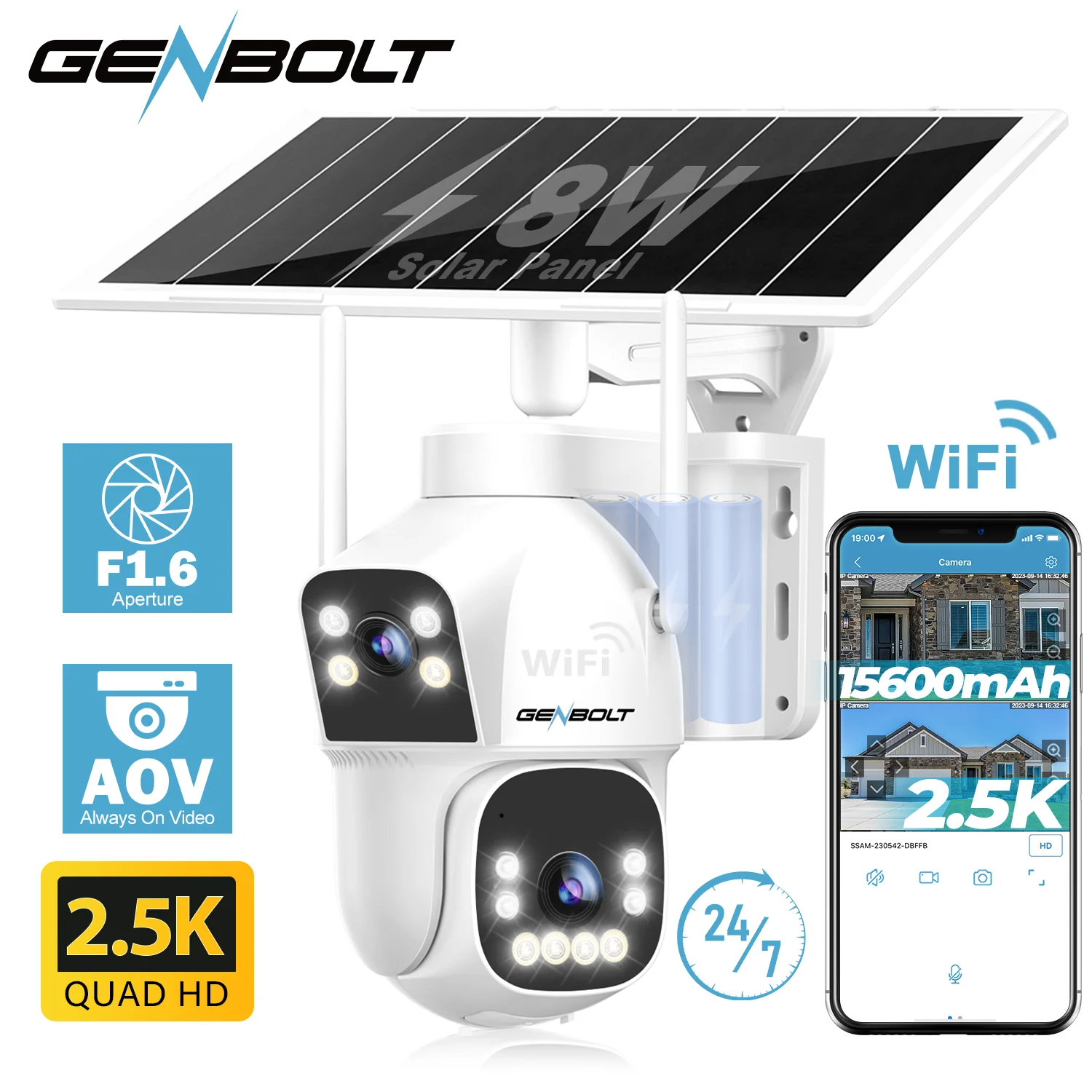 GENBOLT Outdoor Solar Security WIFI Camera AOV 24/7,Dual Motion Detection,15600mAh Battery Night Vision for Patio/Garage