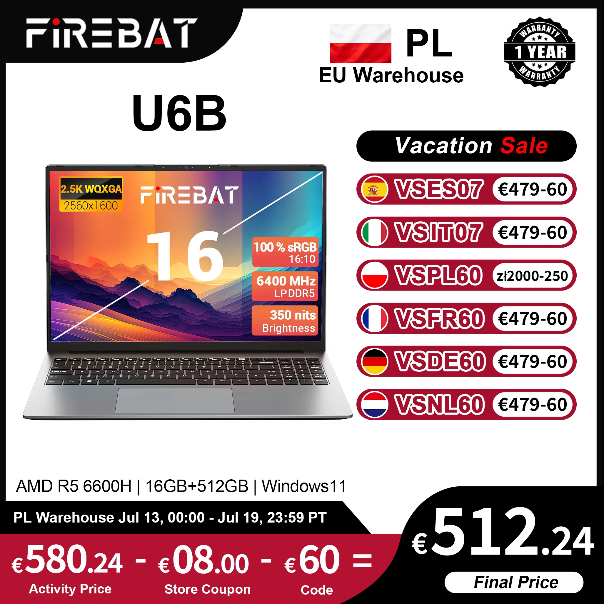 FIREBAT U6B 16-inch Laptop AMD Ryzen 5 6600H 16GB LPDDR5 RAM 512GB M.2 SSD WiFi 6 Bluetooth 5.2 2.5K 120Hz Display Windows 11
