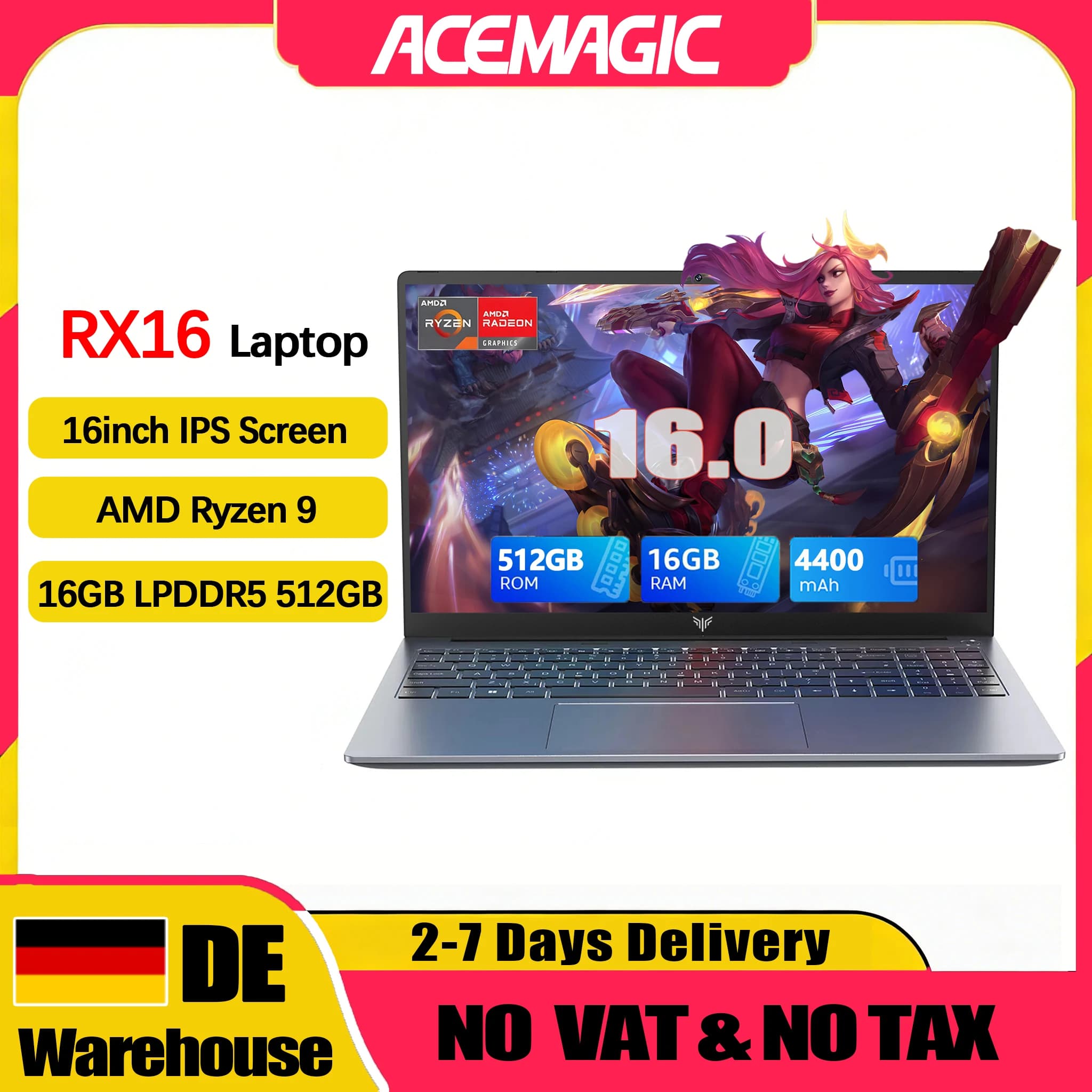 Acemagic RX16 Laptop 16“ Fhd Gaming Laptop Amd Ryzen 9 6900Hx 16Gb Ram 512Gb Ssd Windows 11 Pro Notebook Backlit Kb Wifi6 Bt5.2