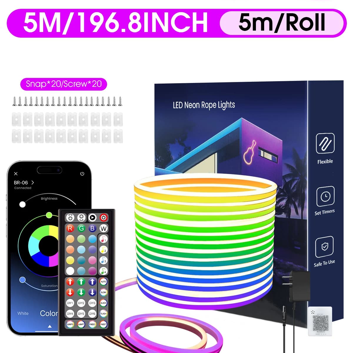30/20/15/10/5 m LED Neon Rope Lights, Control with App/Remote Control, IP65 Waterproof Flexible LED Rope Light, Multiple Modes, RGB Neon Lights