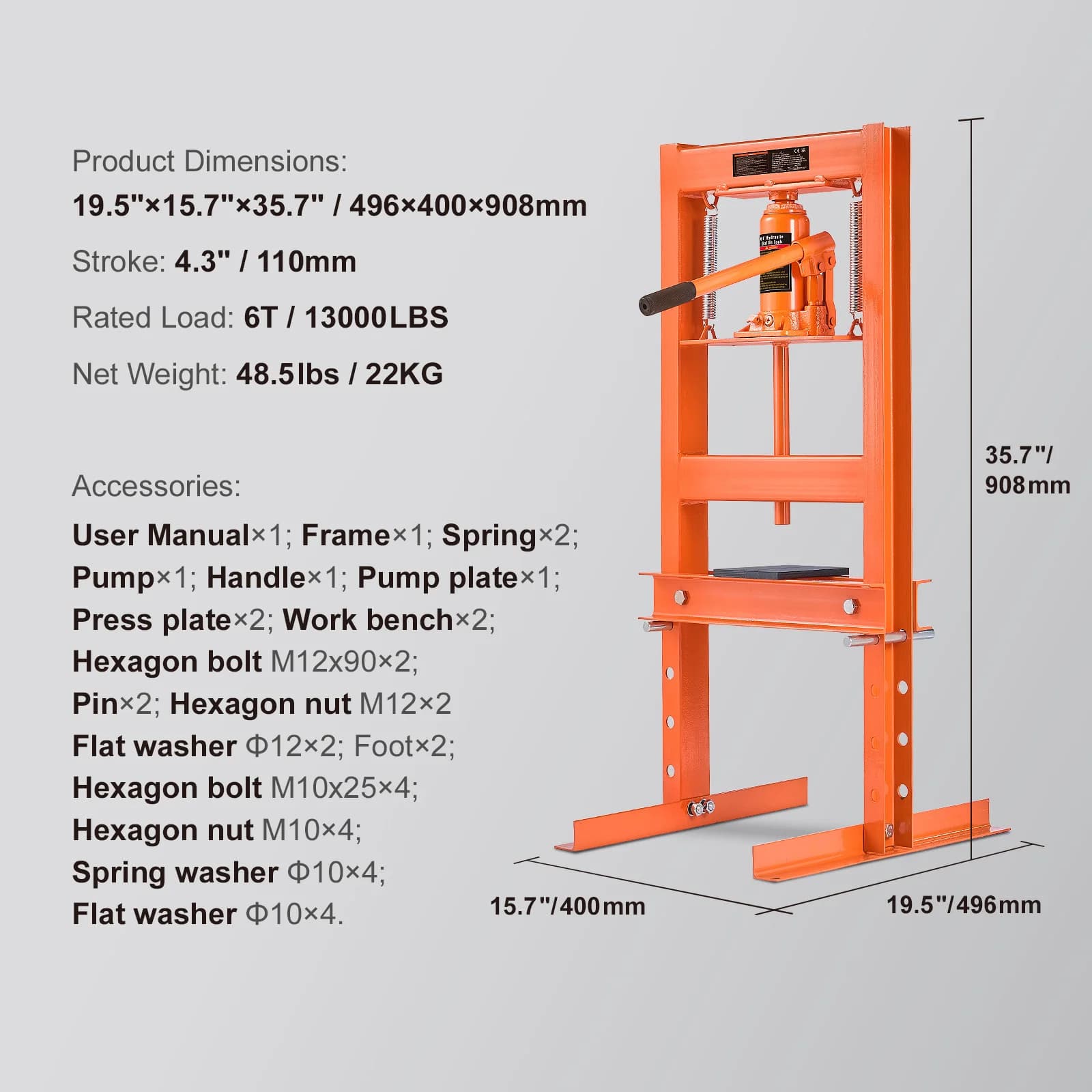 SucceBuy 6 Ton Hydraulic Shop Press H-Frame Hydraulic Garage/Shop Floor Press Adjustable Shop Press with Press Plates Heavy Duty Hydraulic Press for Garage Shop Workshop