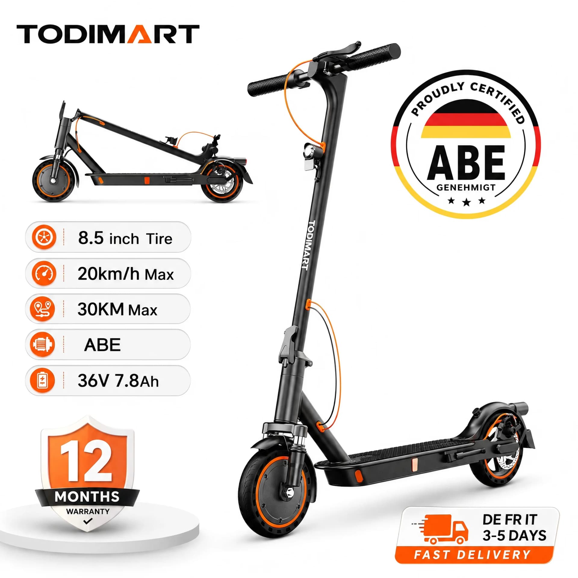 TODIMART T3A electric scooters with application, electric scooters for adult, 36V 7.8Ah, 20 km/h, 25-35 km range, full-inch tires, foldable, for adults