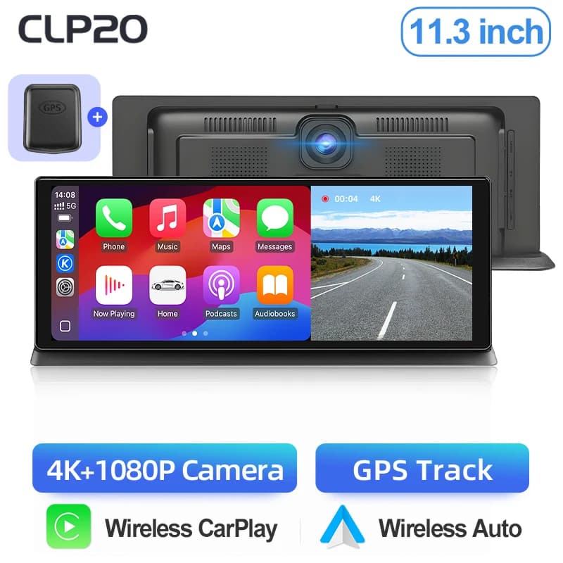 Junsun 11.3 Inch 4K Car DVR Wireless CarPlay Android Auto Dash Cam Dashboard Dual Lens Video Recorder GPS Navigation Screen FM