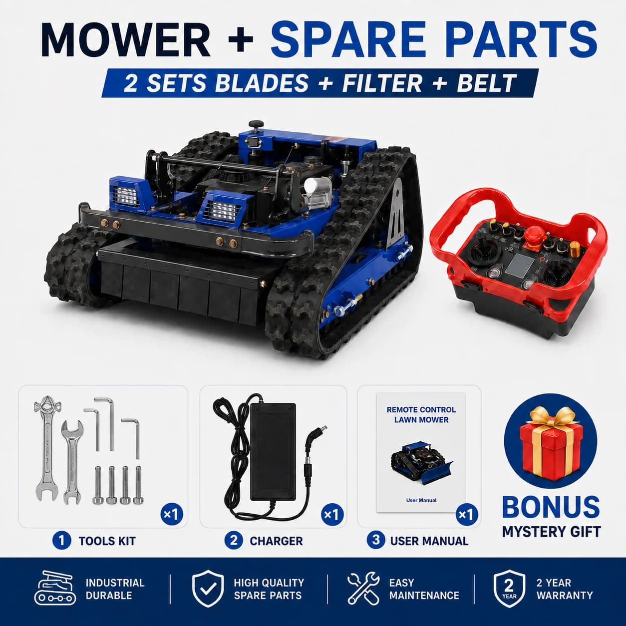Remote Control Tracked Flail Mower 550MM LONCIN 224CC 45° Slope Mower Remote Lift Start‑Stop EU Stock France Warehouse
