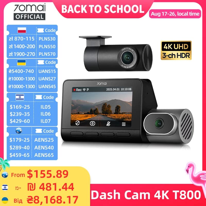 70mai Dash Cam 4K T800 with 4G Module UP04 Supercapacitor 3-Channel HDR Wifi 6 GPS Remote Control Real-time Alert 70mai T800