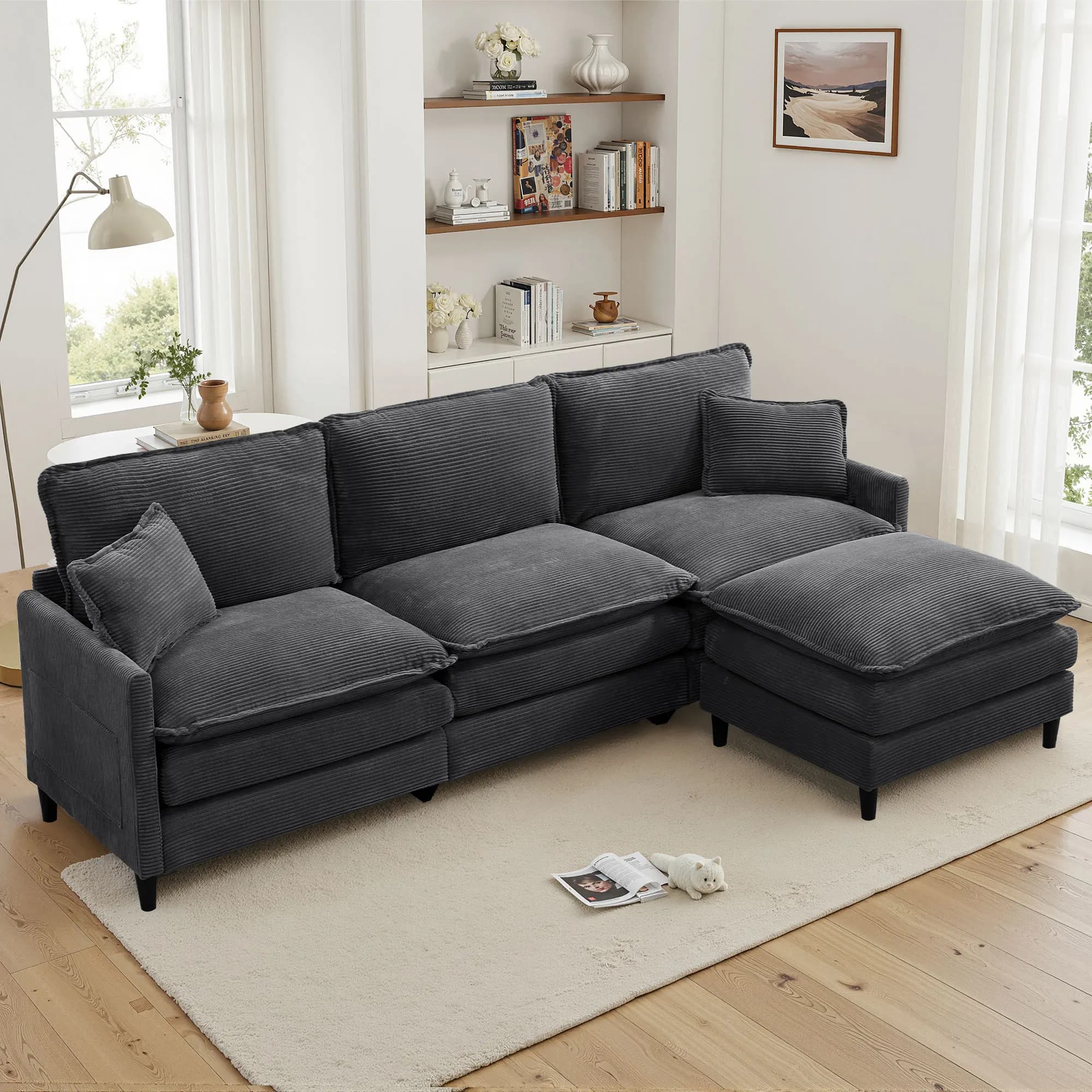 TCGBKAF L-Shaped Modular Corner Sofa Couch, 3 Seater Upholstered Sofa with Stool, Large L Shape Living Room Sofa Bed with 5 Throw Cushions & Double Seat Cushions for Home Bedroom Apartment