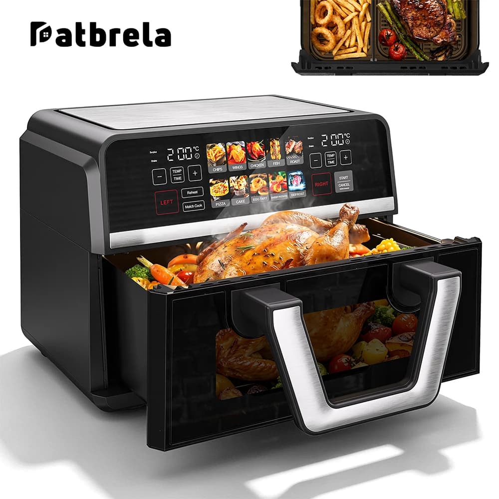 Patbrela 10L Dual Basket Air Fryer, XXL Large Non-fat Fryer Removable Divider | 3L+7L Independent Zones, Match Cook & Reheat Function, Oil-Free Hot Air Fry Oven for Home Kitchen