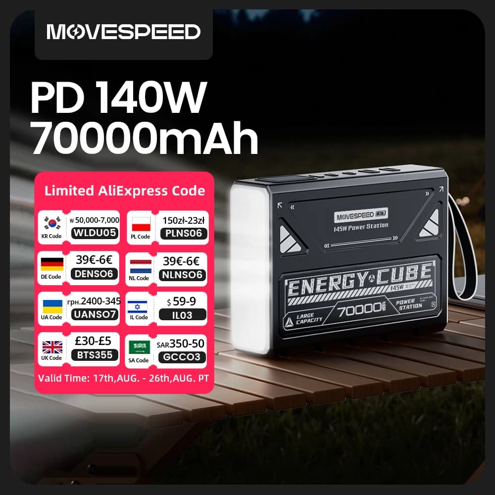 MOVESPEED Z70Pro Power Bank 70000mAh 140W PD Fast Charge External Battery Power Station W/ Flashlight for Laptop Outdoor Camping
