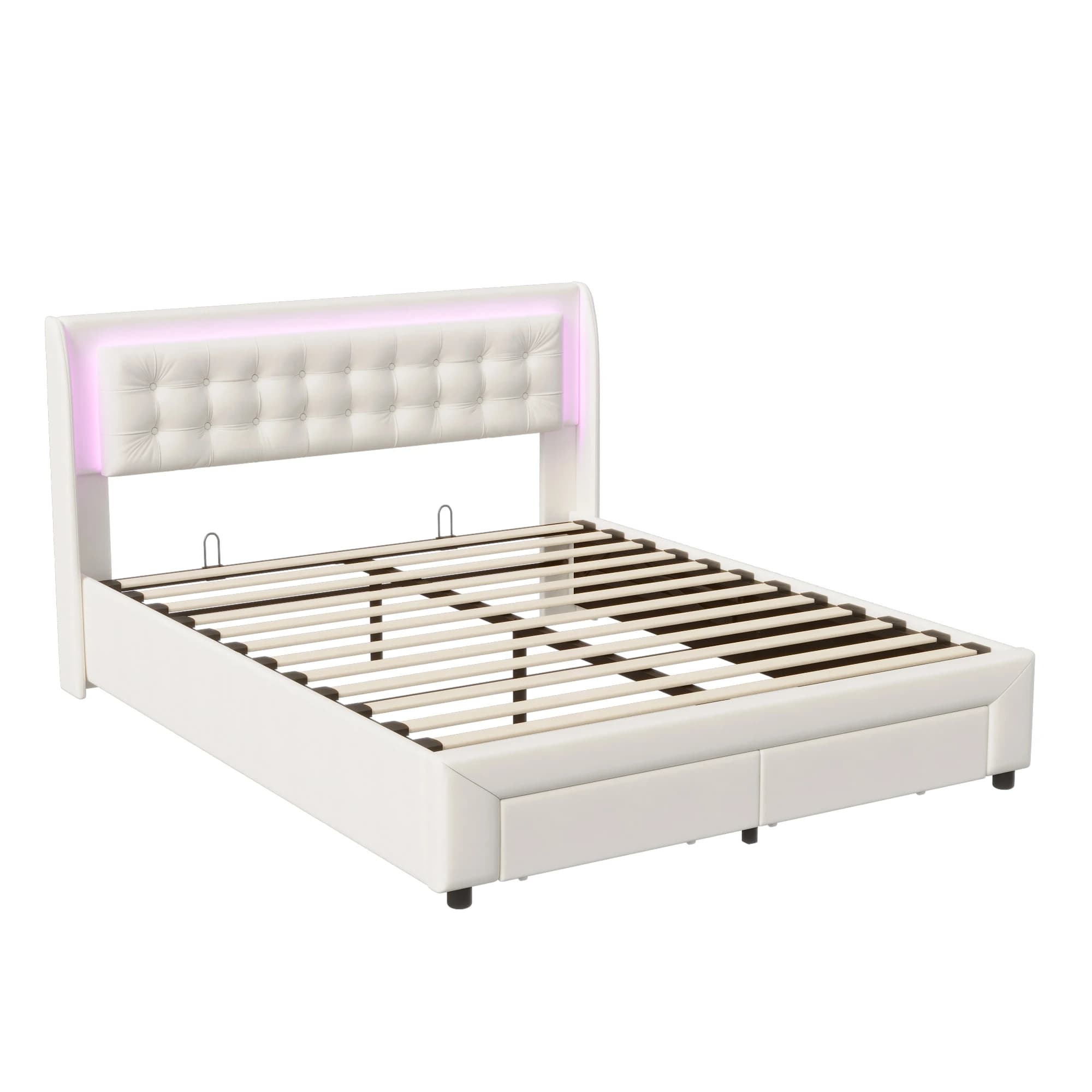 Rosahqnda Upholstered Double Bed with LED Lighting Gas Lift Storage Bed with 2 Drawers Ottoman Bed Frame Bedroom Furniture,Beige Velvet
