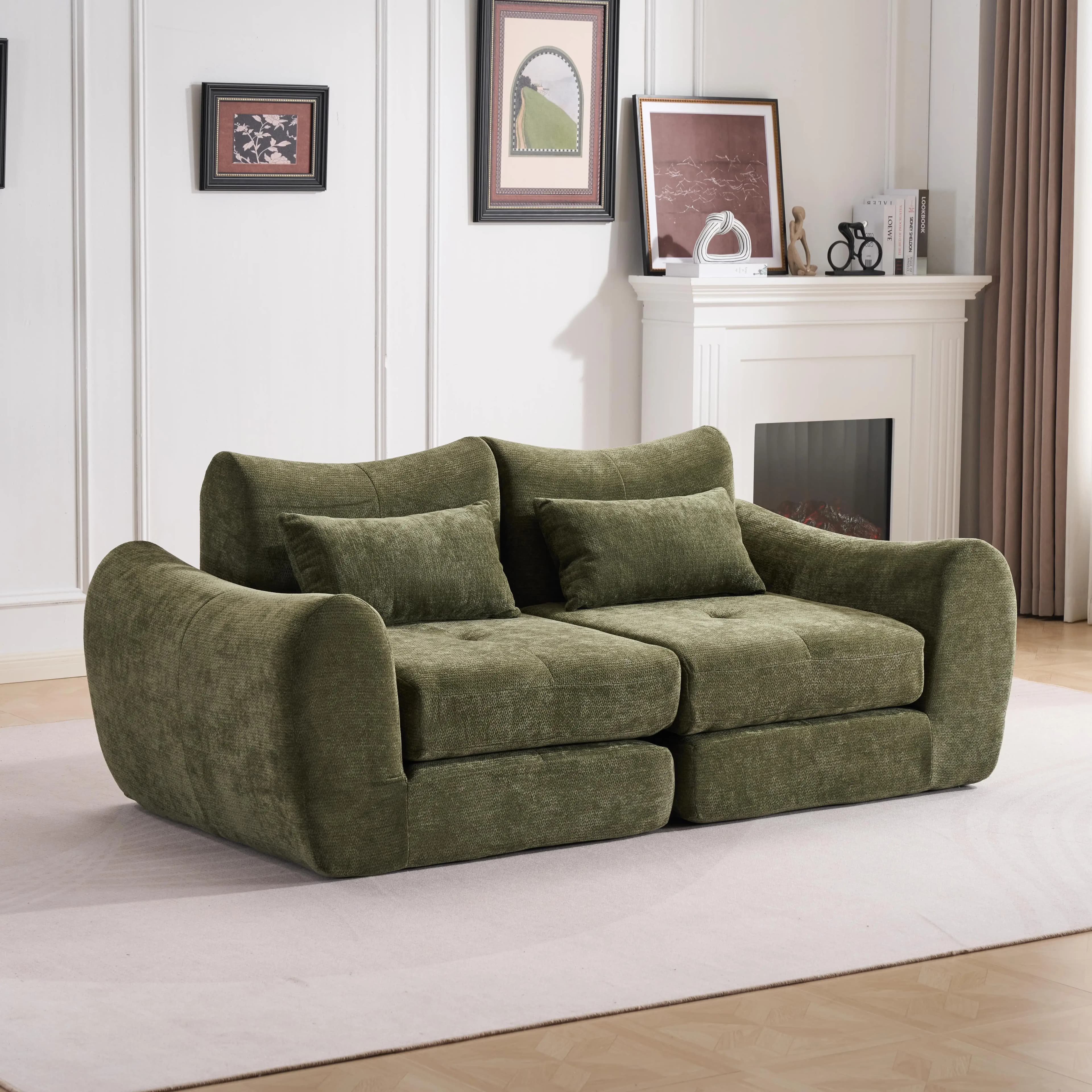 Green Comfort Compressed Sofa,3 Seats No Assembly Required Sofa Bed,Black Chenille Free Combination For Living Room, Apartment