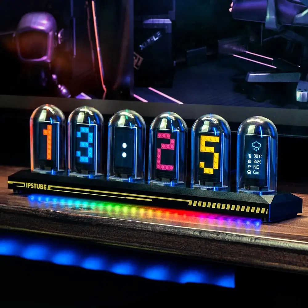 Night Light DIY Nixie Tube Clock Kit Simulation, Digital Clock APP Time Calibration, 3 Light Mode, 12/24h Display IPS