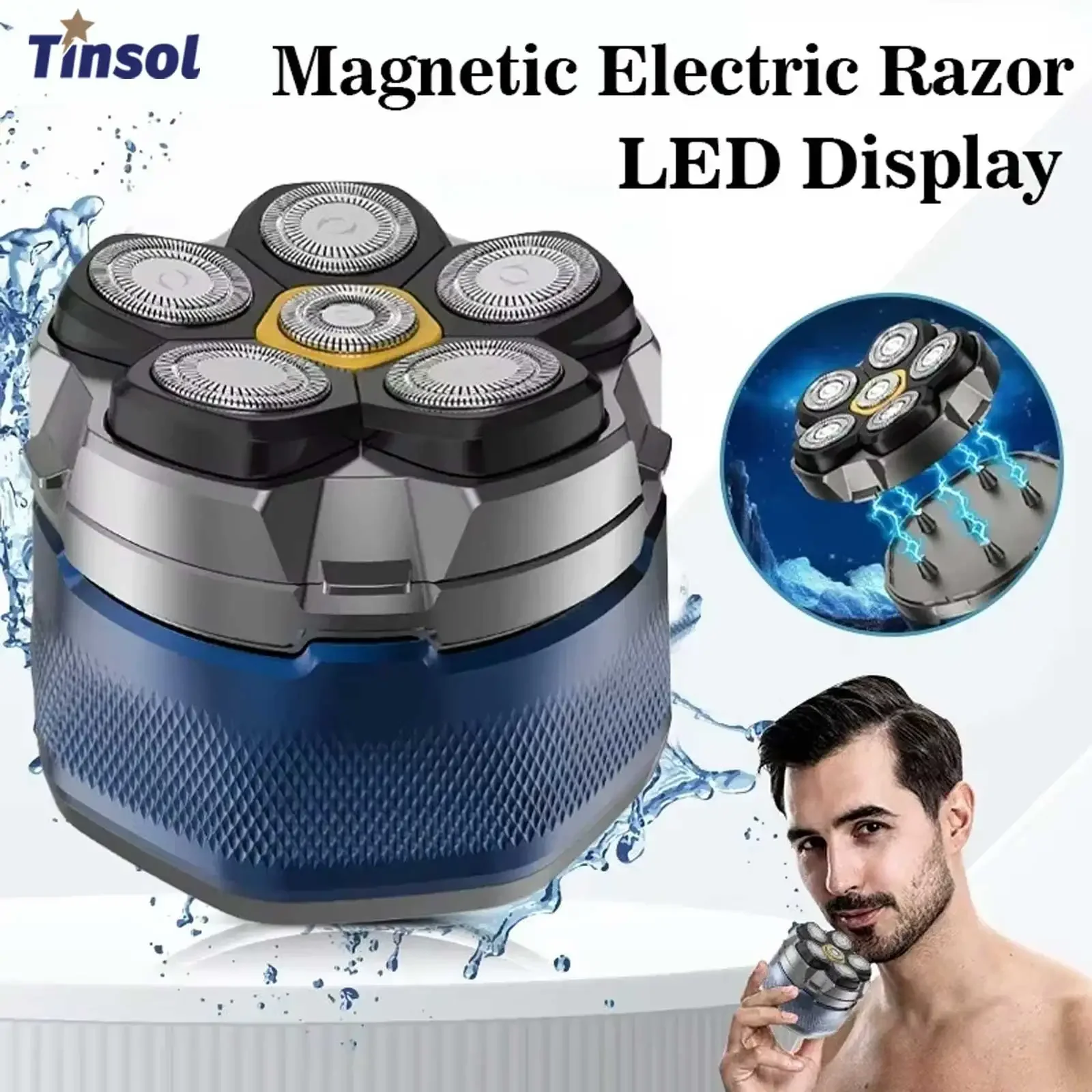 Tinsol Electric Head Shavers for Bald Men 6D Magnetic Razor Hair Trimmer USB Rechargeable LED Display Waterproof Beard Shavers