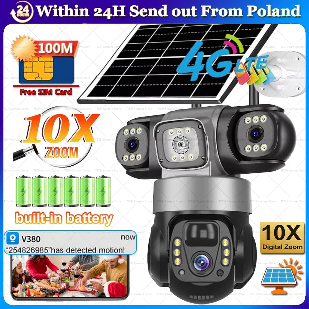 4G Solar Camera Gifted Card Outdoor Waterproof 3 Lens IP CCTV Cameras Smart Home Security Protection IP Solar 4G Camera Auto Tracking Alarm Remote Control Solar Camera