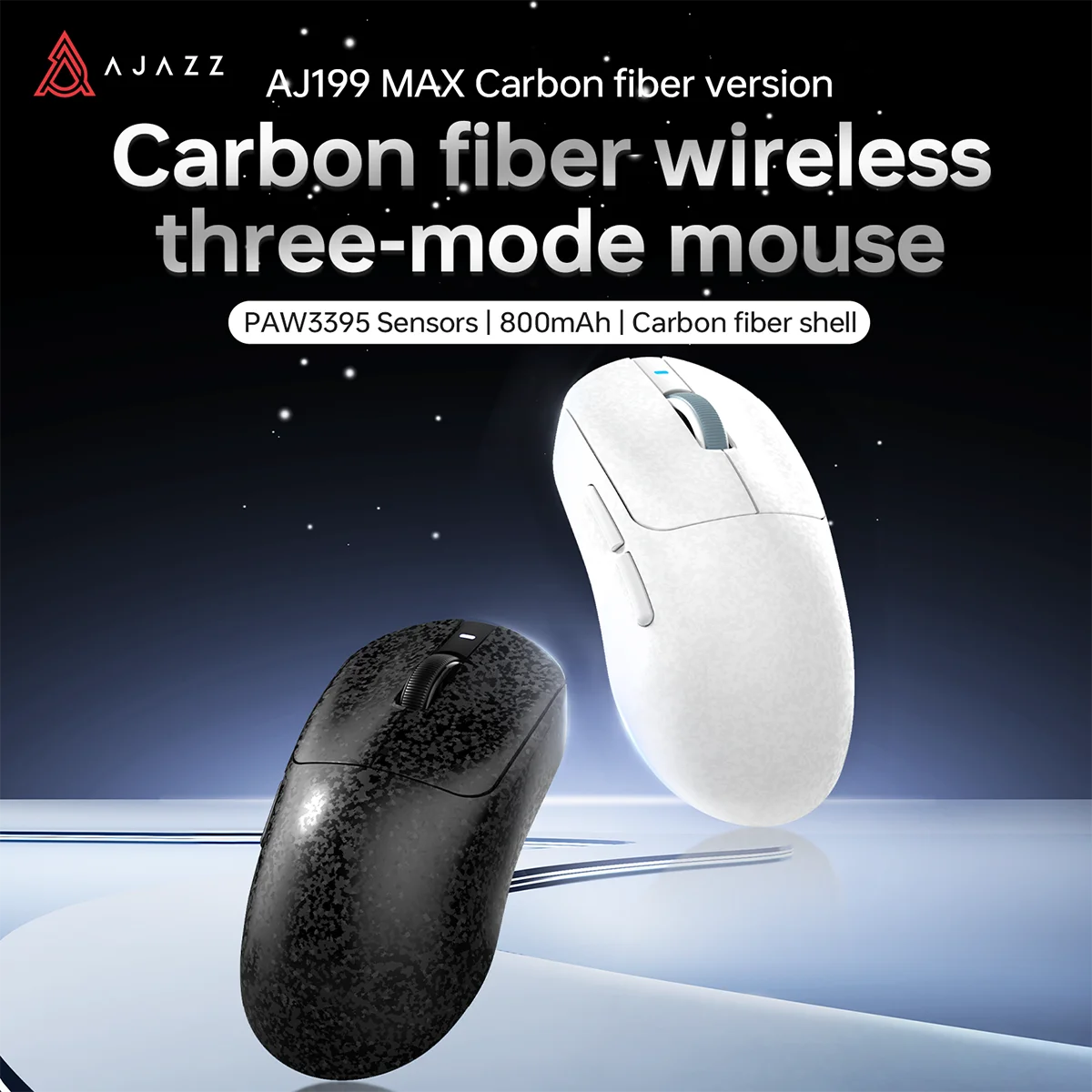 AJAZZ AJ199 / AJ199 MAX Carbon Fiber Wireless Tri-Mode Gaming Mouse, PAW3395 Sensor, 900mAh / 800mAh