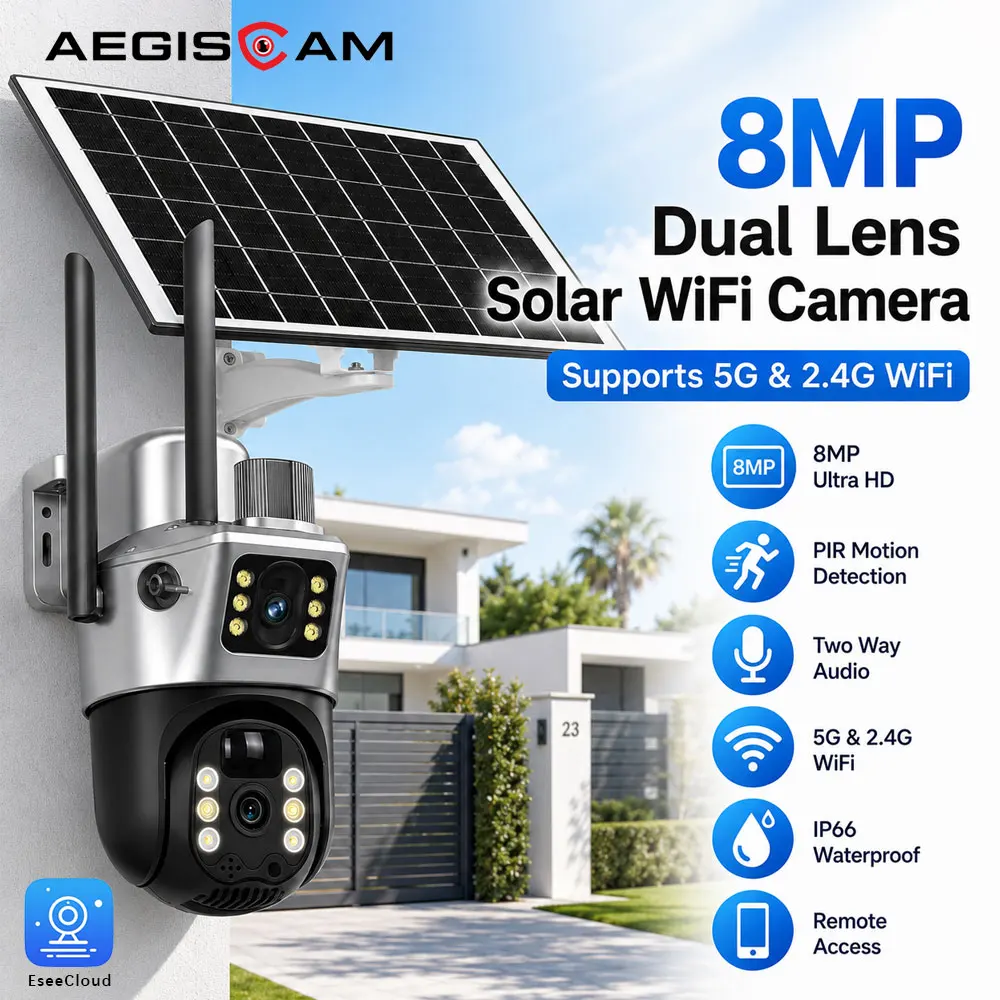 8MP Solar Dual Lens WiFi IP Camera Outdoor PTZ Security Surveillance Camera with 5GHz and 2.4GHz Wireless Network PIR Motion Detection Two Way Intercom IP66 Weatherproof App Remote Monitoring for Yard Garage Garden Villa Store and Home Protection System