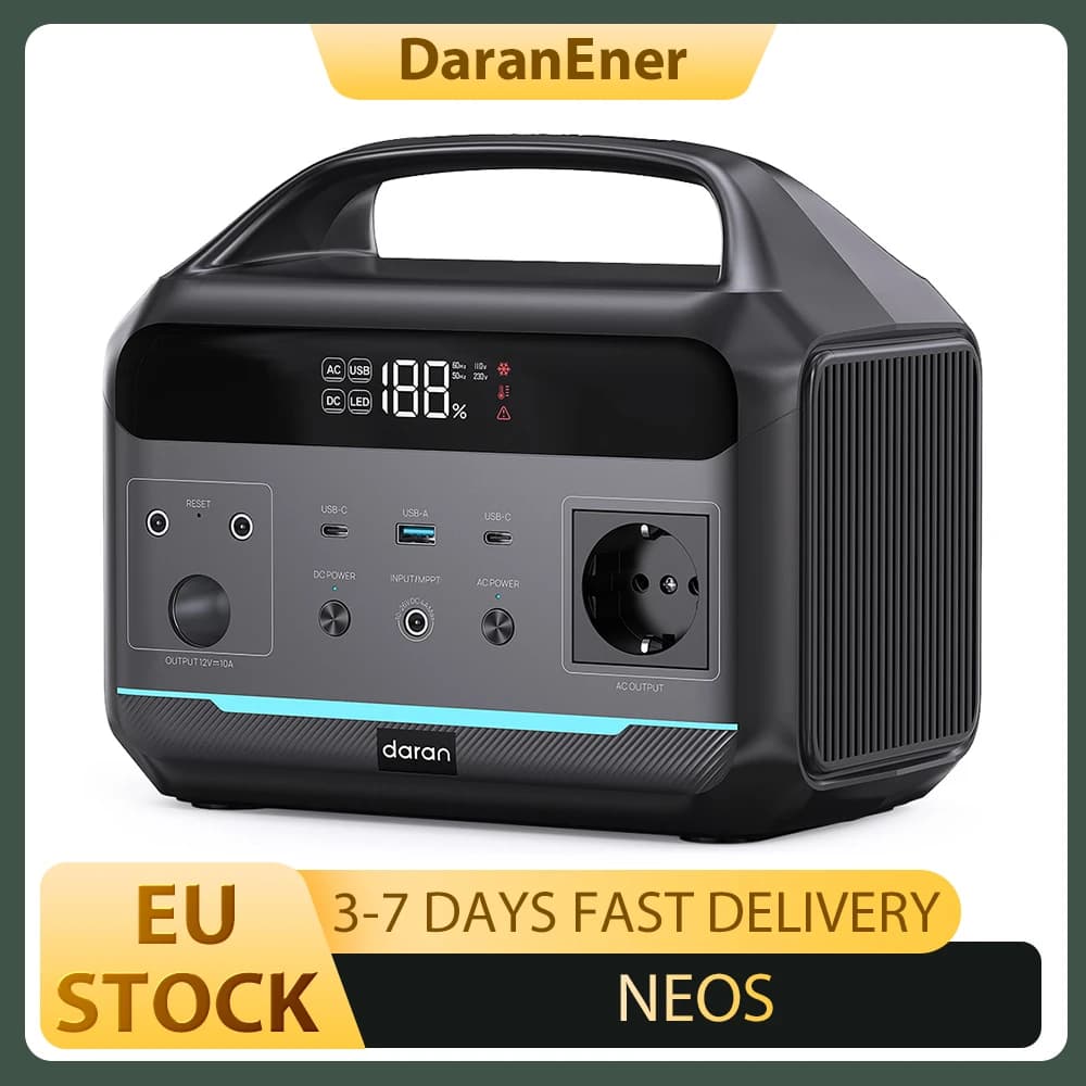 DaranEner NEOS Portable Power Station, 288Wh LiFePO4 Battery, 600W Pure Sine Wave AC Output, 1200W Surge Output, 80W Solar Input, 100W USB-C PD, Dual DC5521, 120W Car Socket, MPPT, BMS, UPS, 3500+ Cycles