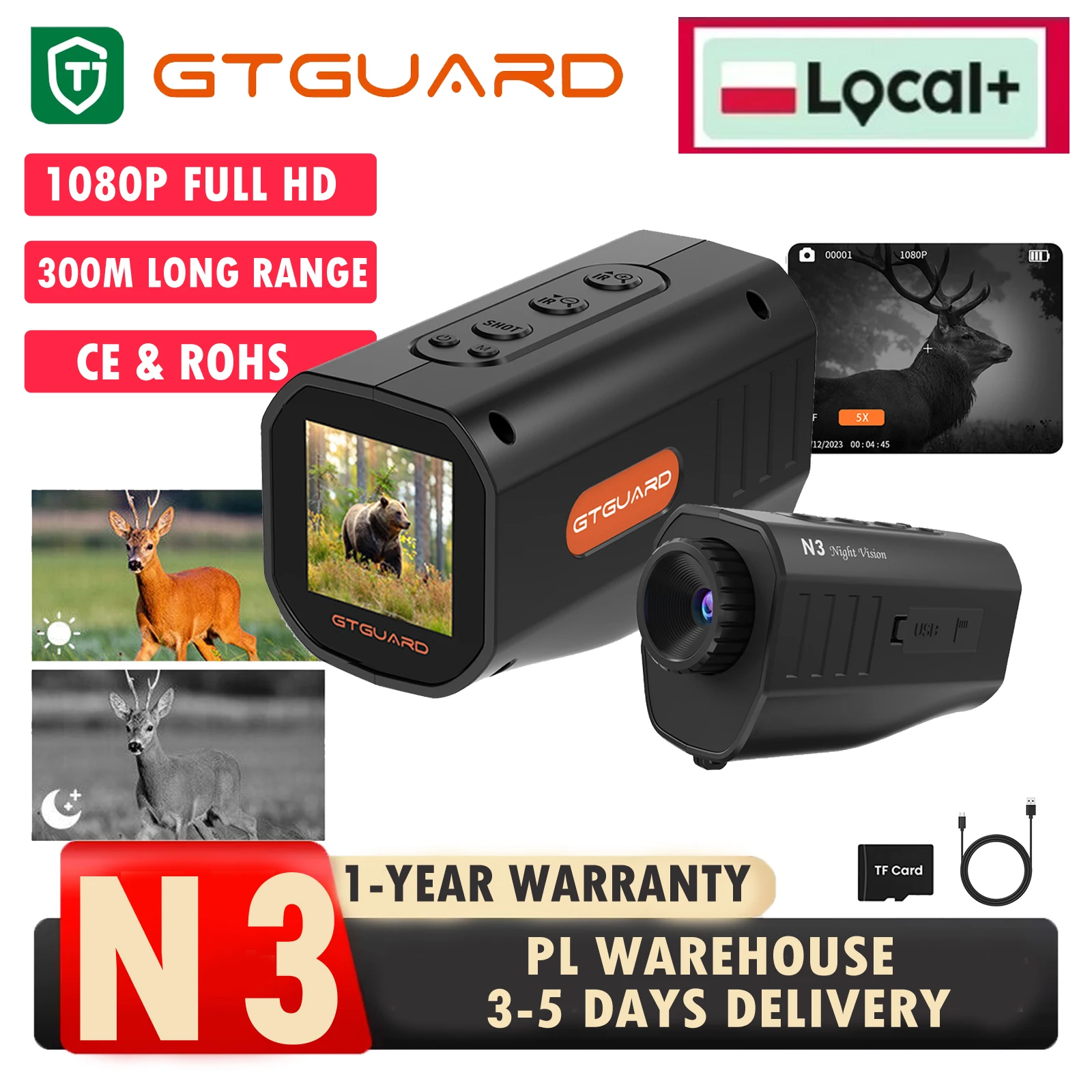 PL In Stock GTGUARD N3 Monocular Night Vision Device 5X Digital Zoom 1080P HD Goggles 3W 850nm Infrared Night Vision Telescope