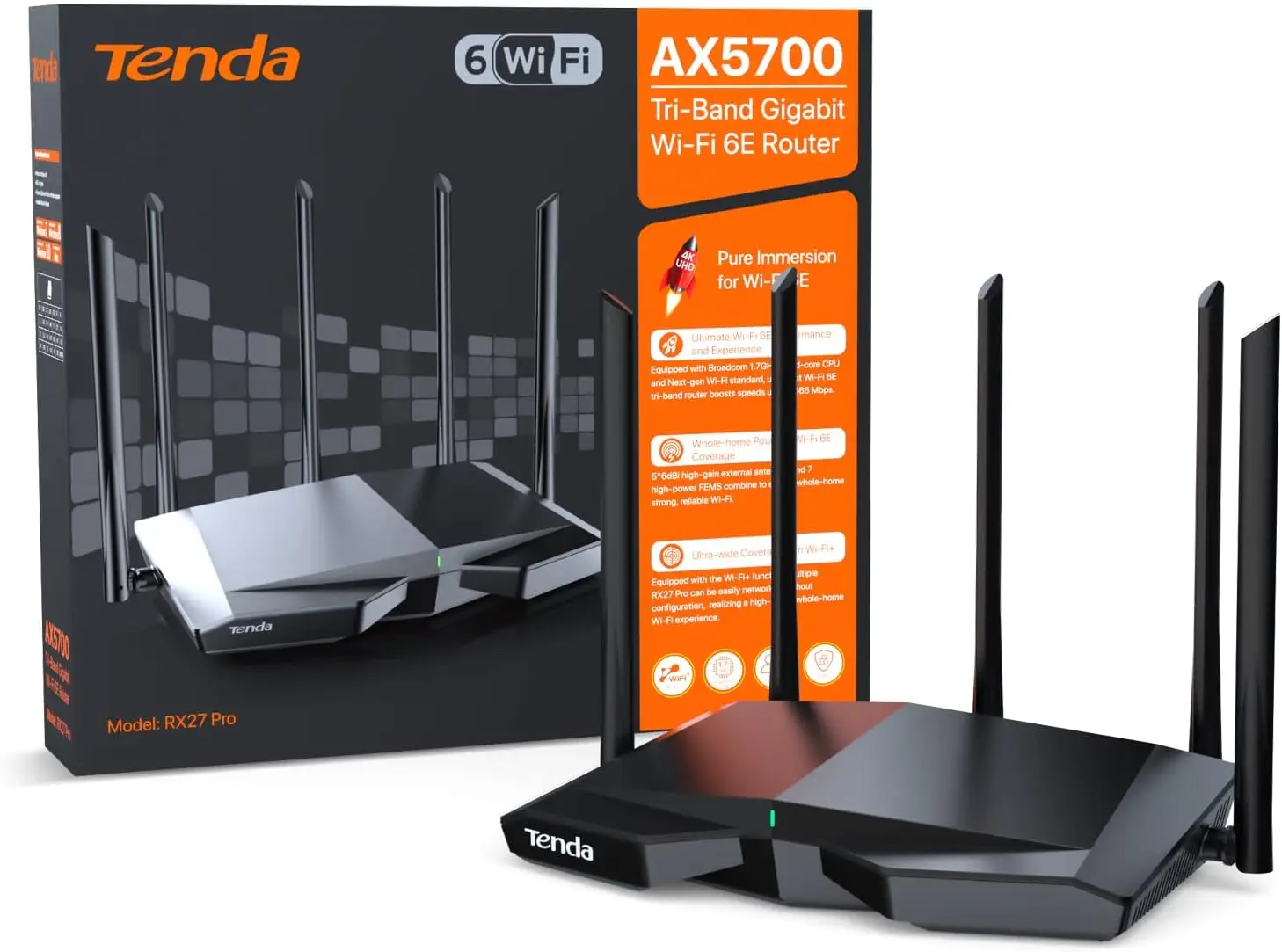 Tenda RX27 Pro AX5700 Tri-Band WiFi 6E Router 5665Mbps 6GHz Gigabit Mesh Router VPN IPTV WPA3 IPv6 OFDMA MU-MIMO 160MHz Broadcom 1.7GHz Quad-Core CPU 5x6dBi High Gain Antennas Beamforming AP Repeater 