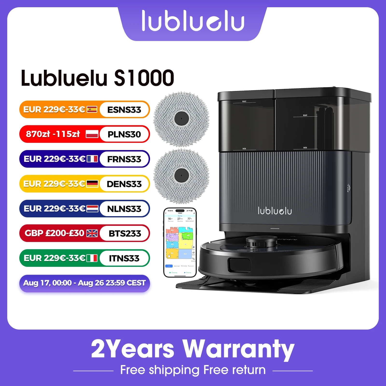 Lubluelu S1000 Cordless Robotic Vacuum 11000Pa Adjustable Suction 200 Minute Long Battery Life Breakpoint Self Charging Carpet Boost Technology for Pet Hair and All Floor Types