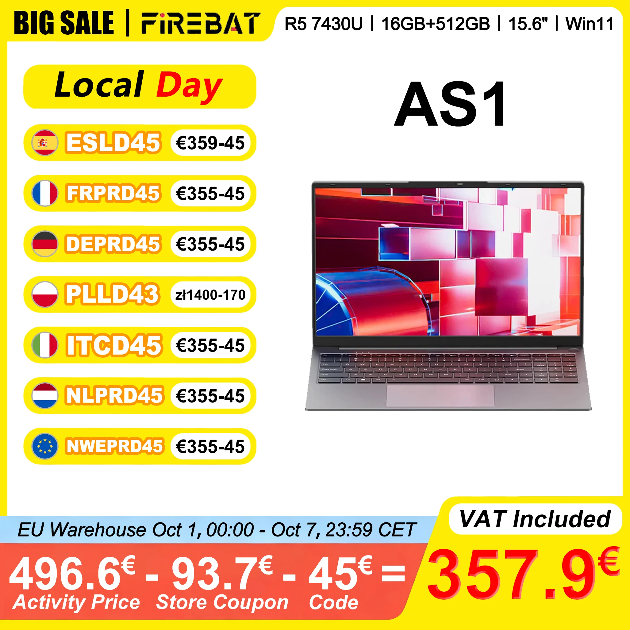FIREBAT AS1 Laptop 15.6 Inch AMD R5 7430U 16GB DDR4 RAM 512GB SSD IPS Windows 11 Type-C WIFI6 Full-size Keyboard Notebook