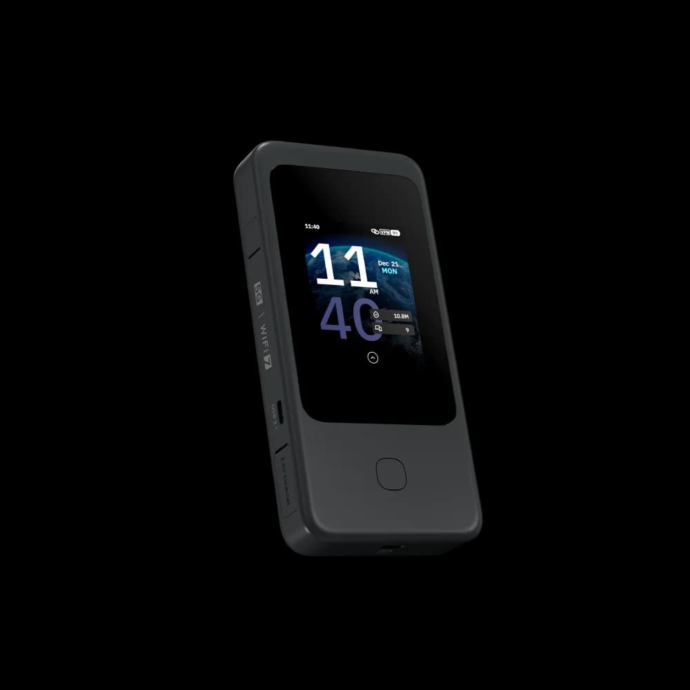 GL.iNet MUDI 7 GL-E5800 Wi-Fi 7 5G NR Travel Router Portable Mobile Hotspot Tri-Band with eSIM & Dual SIM Slot, 2.8" Touchscreen, Up to 5.76 Gbps, 2.5G Ethernet, 700Mbps VPN Secure, 13.5h Battery, for