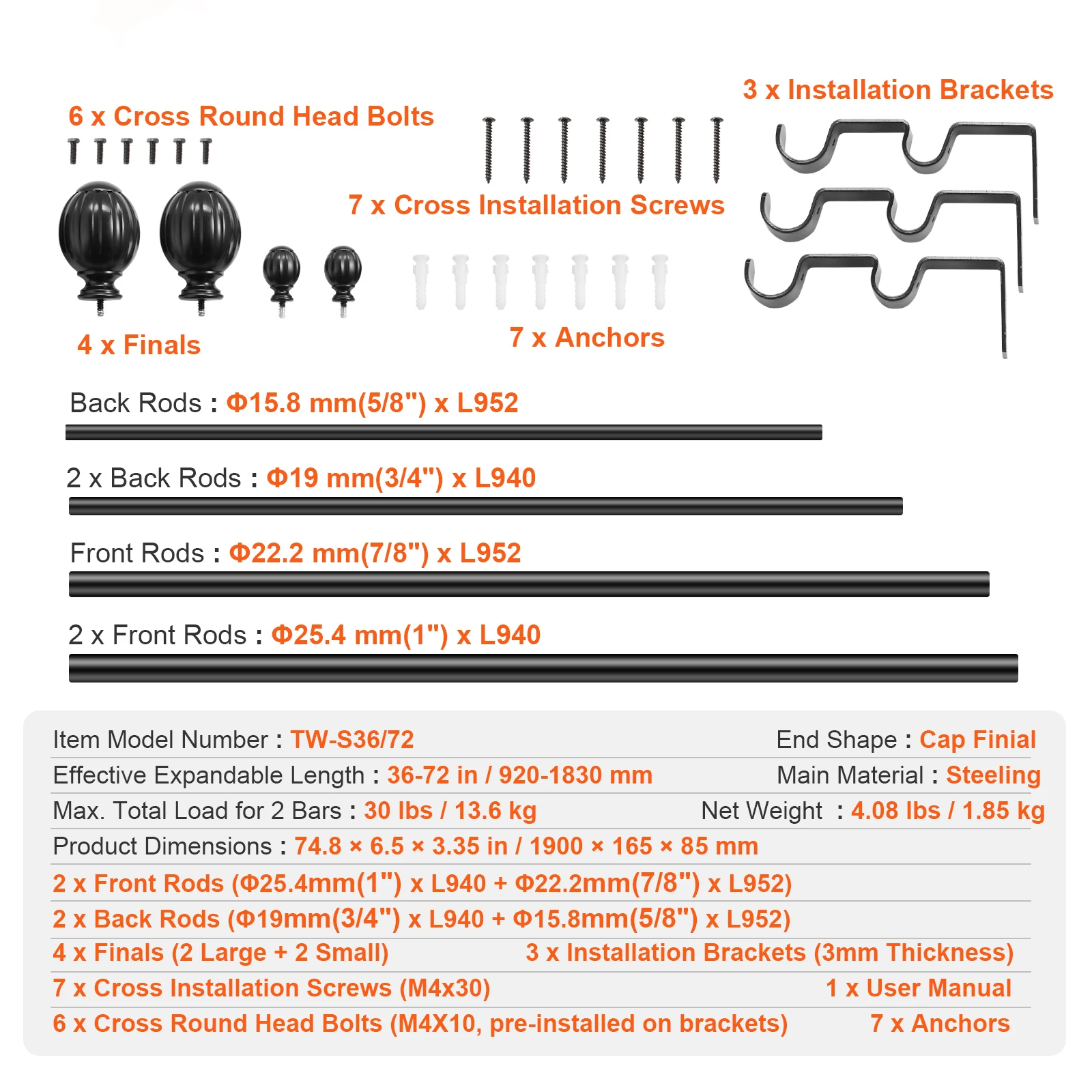 SucceBuy 1 Inch Dual Curtain Rods, 36-72/74-144in, for Windows 24-68/69-140in Telescoping Double Rod with Round Finials, Black