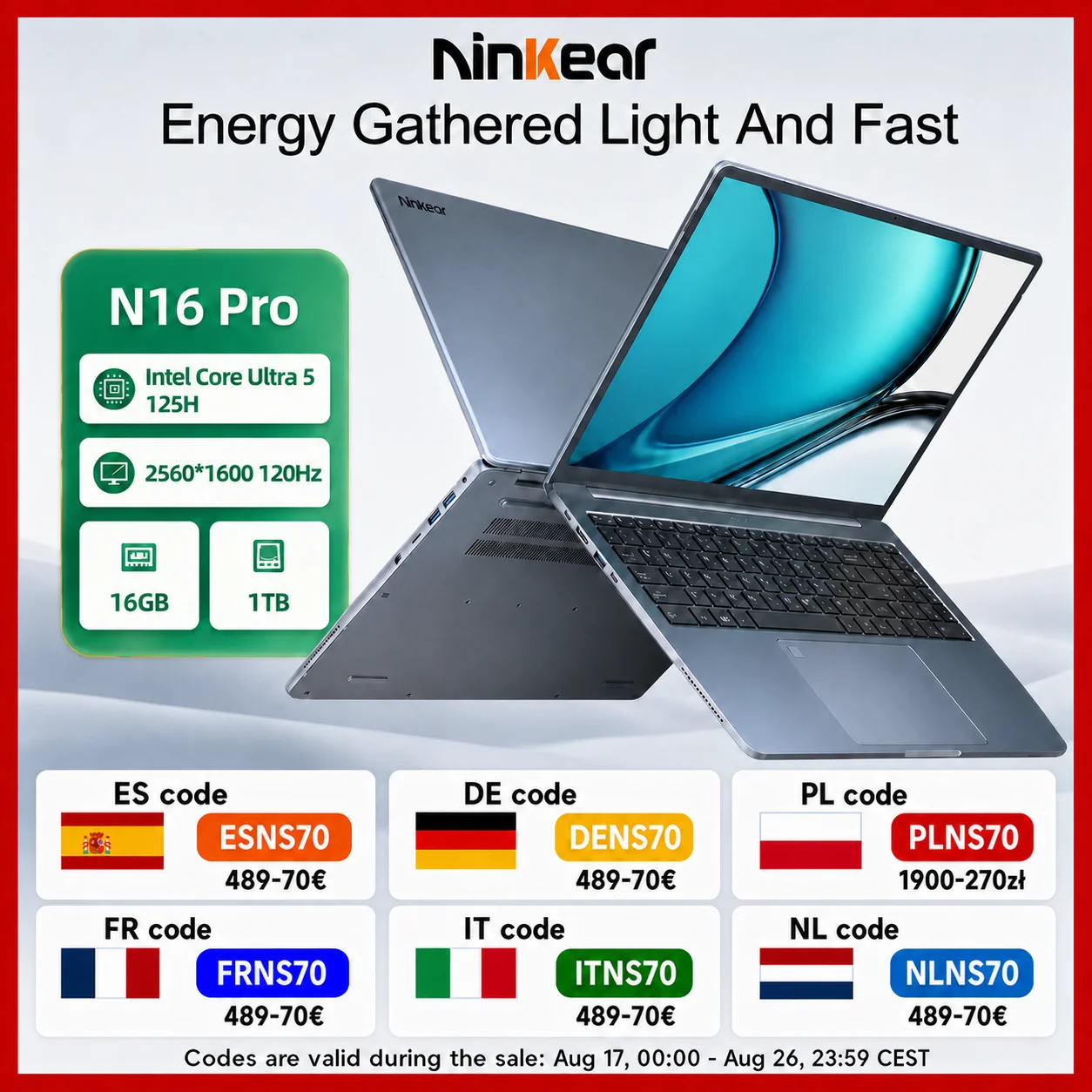 Ninkear Laptop 16 Inch 2.5K 120Hz Display, Intel Core Ultra 5 125H AI Laptop, 16GB DDR4 RAM 1TB SSD, WiFi 6 Bluetooth 5.2, Backlit Keyboard Fingerprint, Professional Laptop for Work Creation