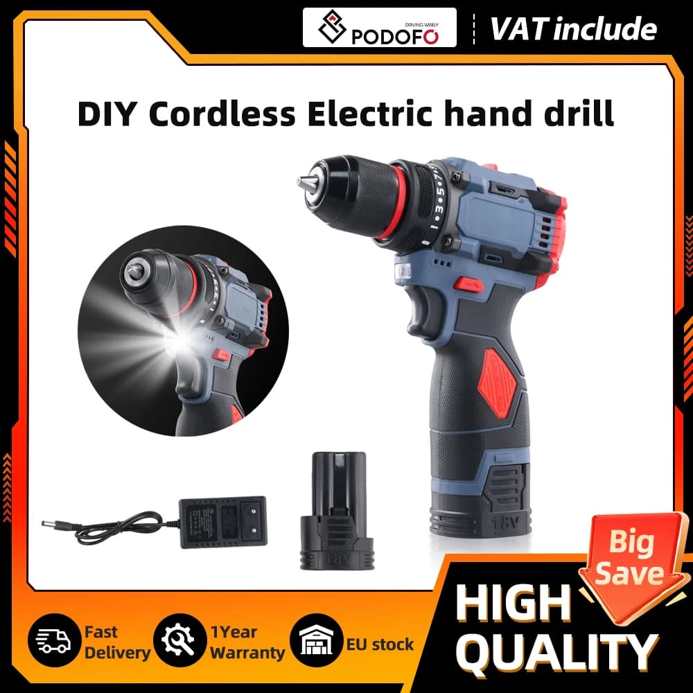 Podofo 70 N.m 1500RPM High-Torque Cordless Drill Multi Function Rechargeable Power Screwdriver Industrial Tool