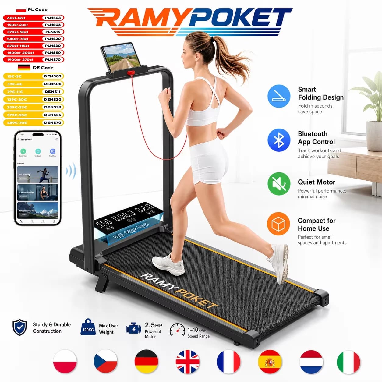 RAMYPOKET Walking Pad Foldable With Incline 9% , 2.5HP 1-10km/h Walking Pad With APP&LED, Max 150kg Treadmill For Home & Office