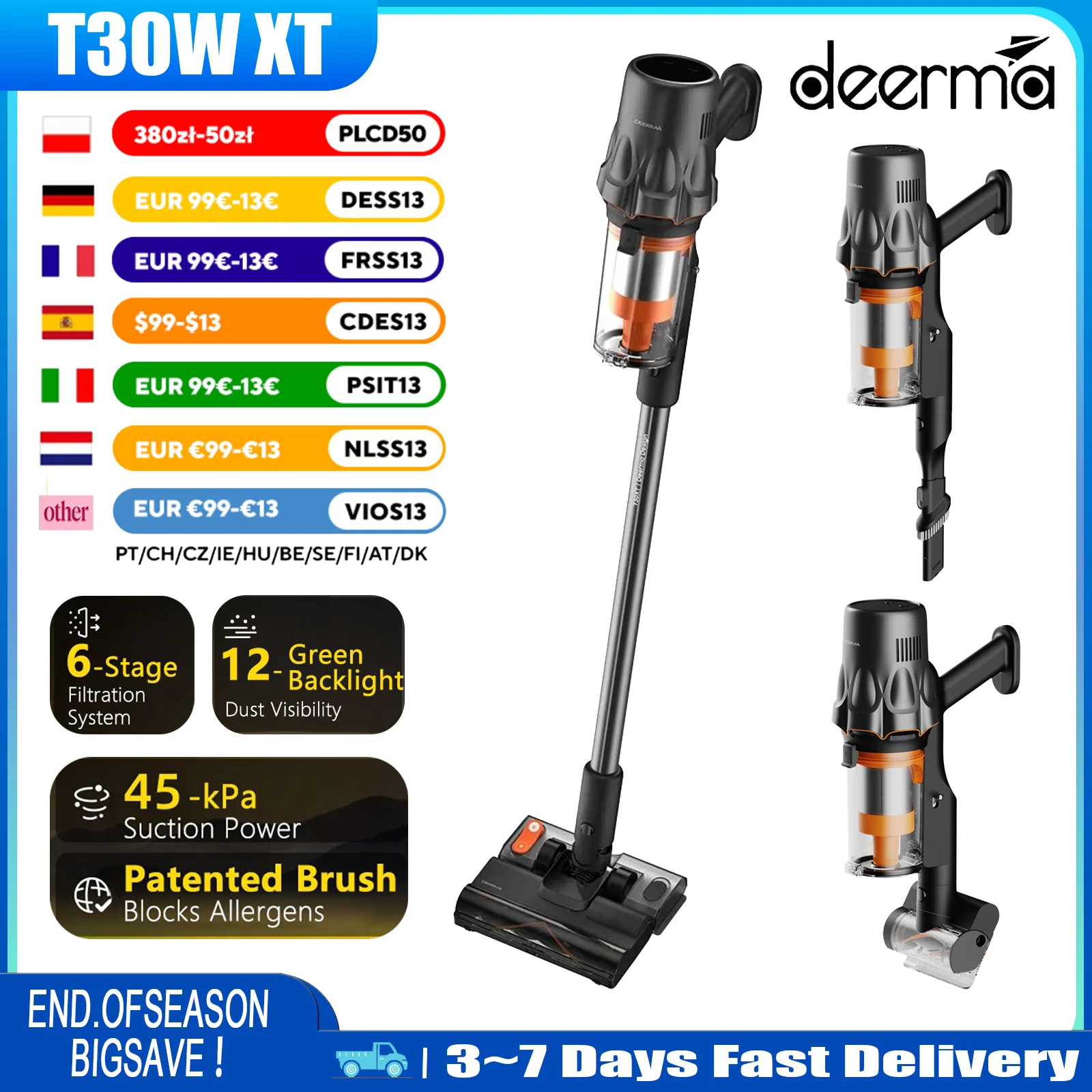 Deerma T30W XT Cordless Stick Vacuum Cleaner 45kPa 155AW Wet Dry Mop 60Min Runtime LED Dust Display Anti-Tangle Mite Removal