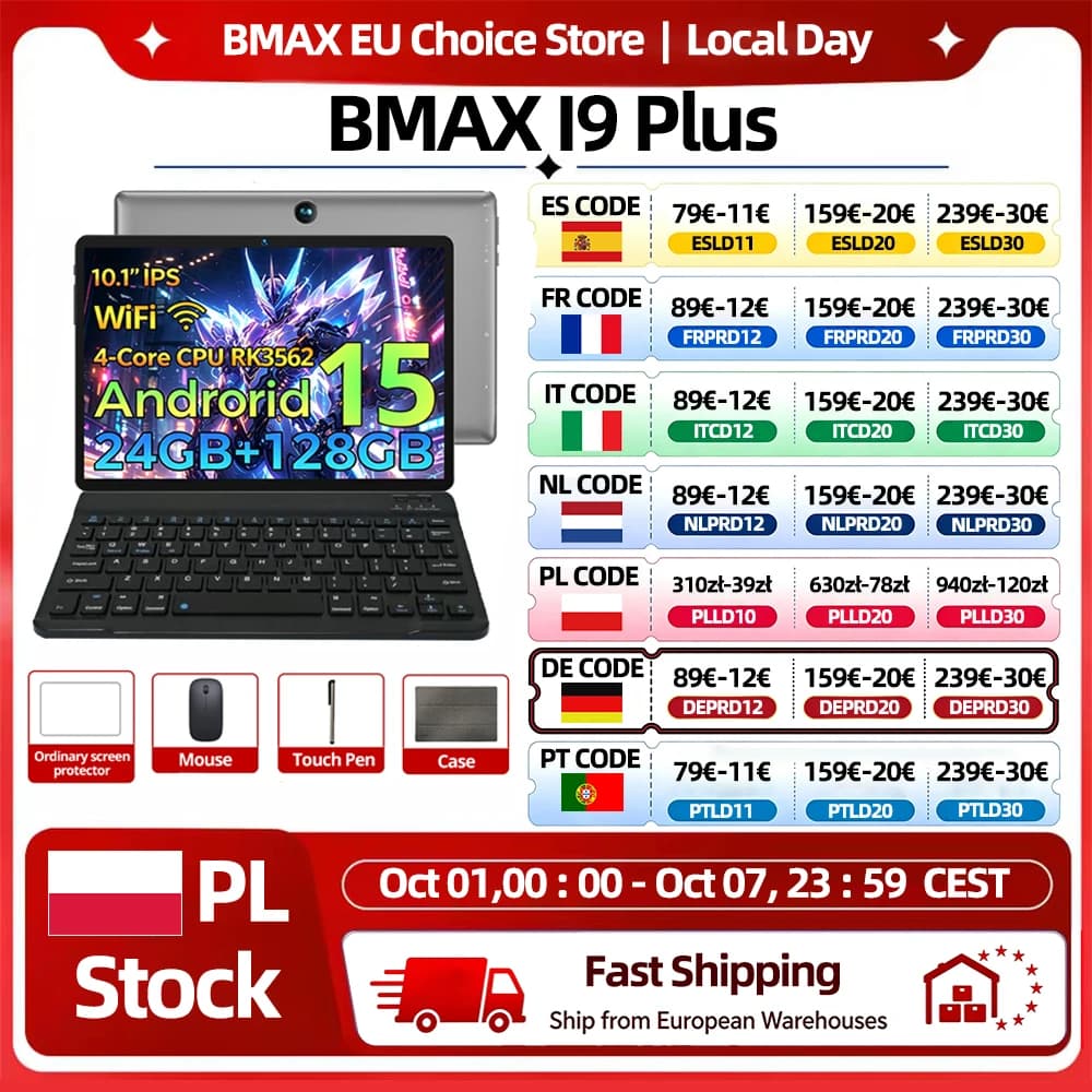 BMAX I9 Plus 10.1-inch tablet (4+20 GB RAM, 128GB ROM), Rockchip RK3562, Android 15, Wi‑Fi 6, Bluetooth 5.4, 6000 mAh, USB Type-C
