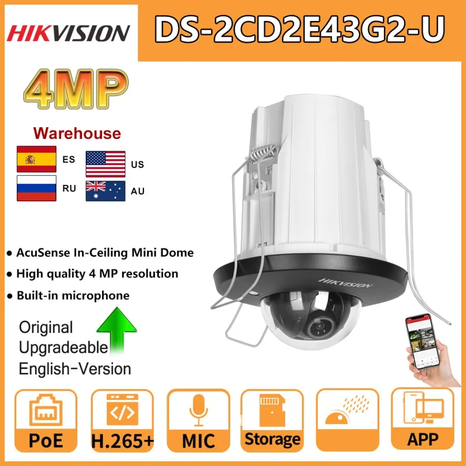Hikvision IP Camera 4MP DS-2CD2E43G2-U POE Built-in Mic AcuSense Face Detection In-Ceiling Fixed Mini Dome Security Surveillance