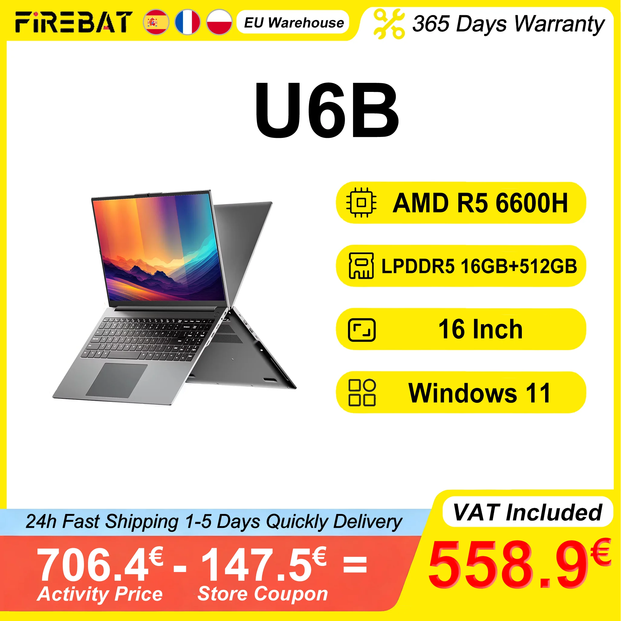 Firebat Laptop U6B AMD R5 6600H DDR5 16GB 512GB SSD 16 Inch 2.5K 120hz IPS Windows 11 Notebook Type-C WIFI6 Full-size Keyboard
