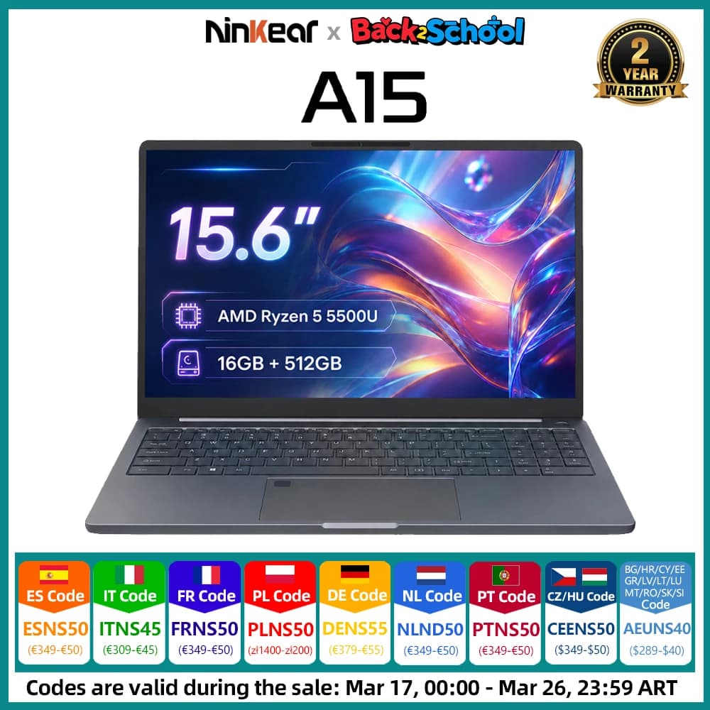 Ninkear A15 Laptop 15.6" FHD IPS AMD Ryzen 5 5500U, 16GB RAM 512GB Storage Fingerprint Unlock Windows 11 pro Office Notebook