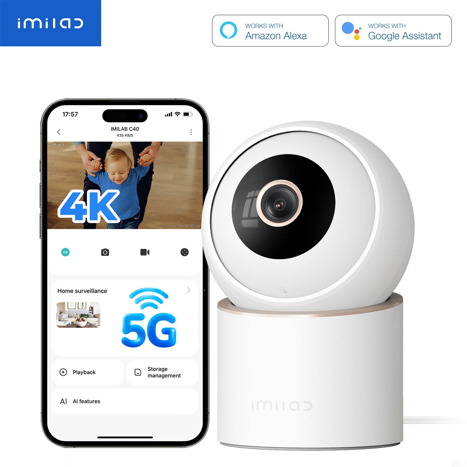 IMILAB C40 8MP Smart Camera 5G WiFi AI Child/Pet Detection & Track Color Night Vision Two-way Talk Compatible with the MiHome Ap
