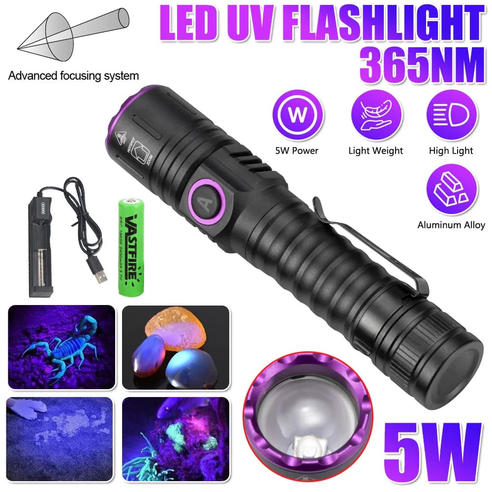 365nm UV Taschenlampe USB Rechargeable, Blacklight Flashlight for Pet Urine Detector & Counterfeit Money Check, Waterproof UV Torch with 365nm LED, EU Warehouse