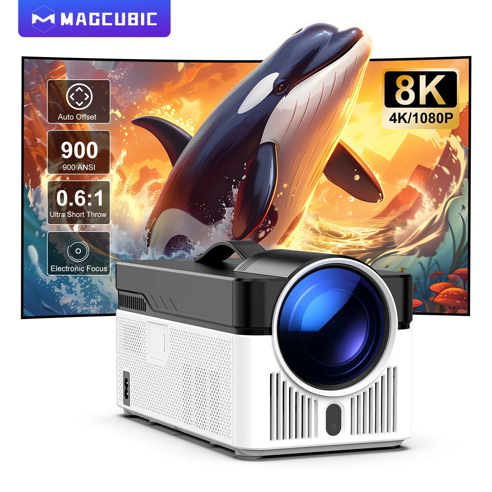 Magcubic Ultra Short Throw Projector Hy450 Auto Offset 1080P 8K Resolution Electronic Focus 900 Ansi Wifi6 Bt5.4 Voice Control